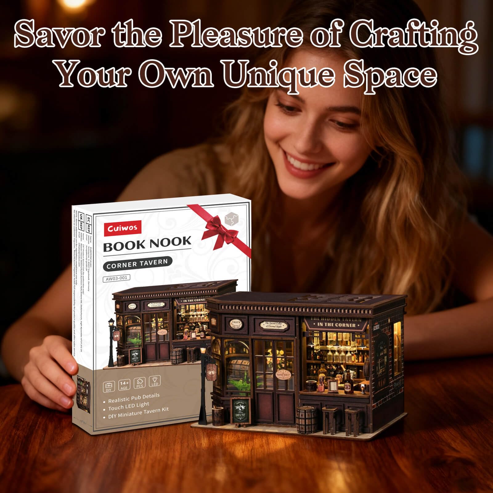 Książka Nook Miniaturowe puzzle do samodzielnego wykonania, drewniane puzzle z narożną tawerną, 3D, domek dla lalek w stylu vintage, pub, z lampkami LED, dekoracja barowa do domu i domu