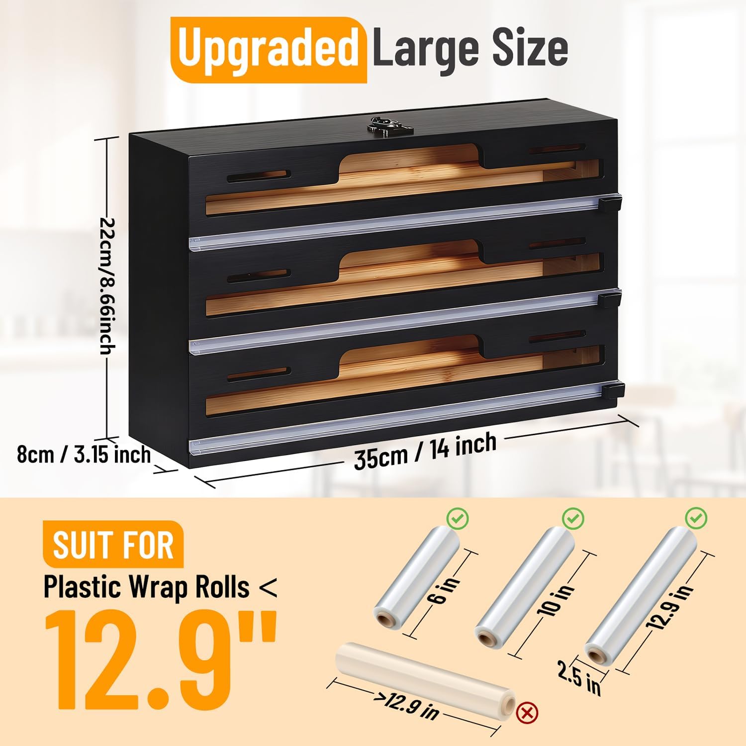 Allinside Magnetic Plastic Wrap Dispenser with Cutter, 3 in 1 Refrigerator Bamboo Wood Organizer for Tin Foil, Baking, Wax Paper Holder Kitchen Storage Box Compatible with 12.9" Roll, Black (3 Layer)