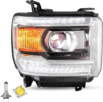 SOCKIR LED DRL Type Halogen Headlight Assembly for 2014-2018 GMC Sierra 1500 15-19 2500HD 3500HD Projector Headlamp Right Passenger Side Bulbs Included