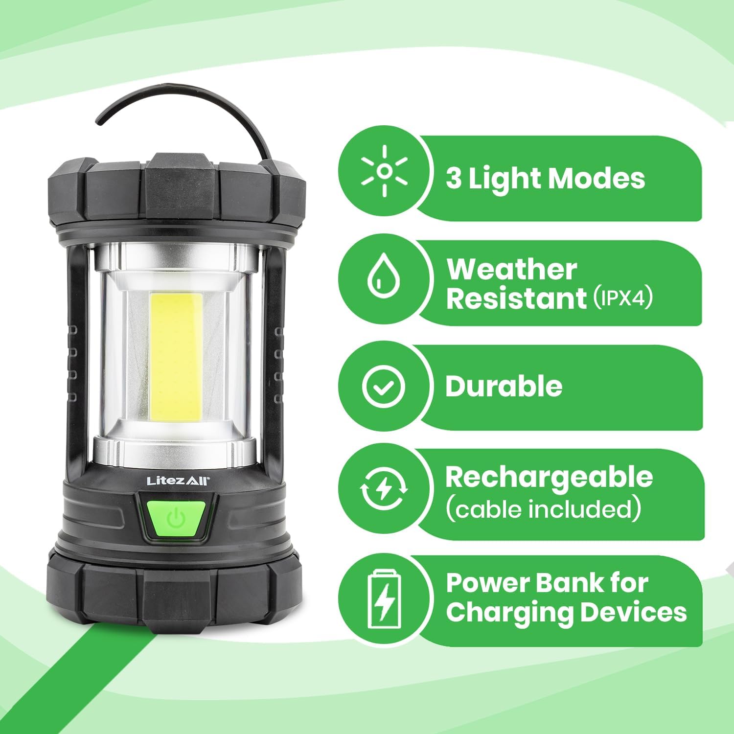 LitezAll 3000 Lumen Rechargeable Camping Lantern – LED Light with USB Power Bank, Home, Outdoor, and Emergency Use