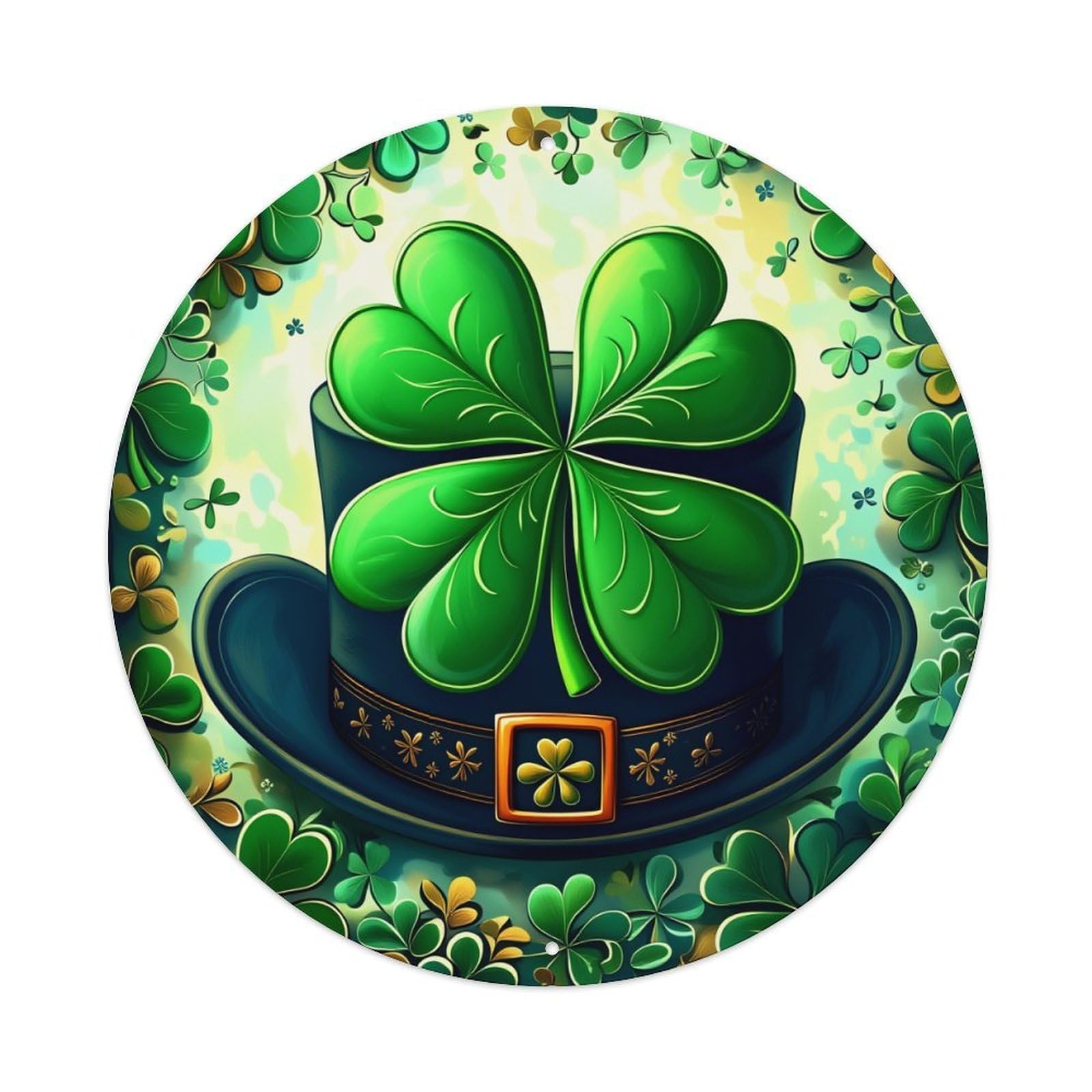 Green Clover Hat Pattern Background Round Tin Sign Vintage Metal Poster, Home Bar Garage Man Cave Cafe Indoor & Outdoor Wall Decoration 8x8Inches