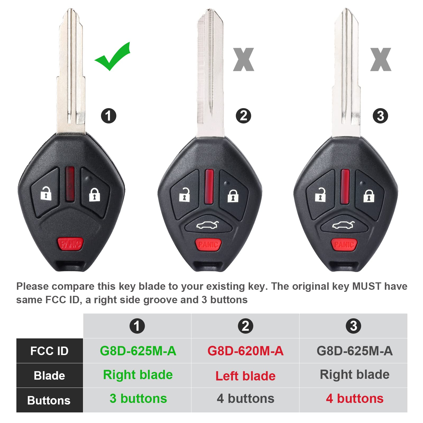 Keymall Head Key Fob Keyless Entry Remote Replacement for Mitsubishi Outlander 2007-2016 for I-MeiV 2011-2014(FCC:OUCG8D-625M-A P/N:6370A148) 3 Buttons