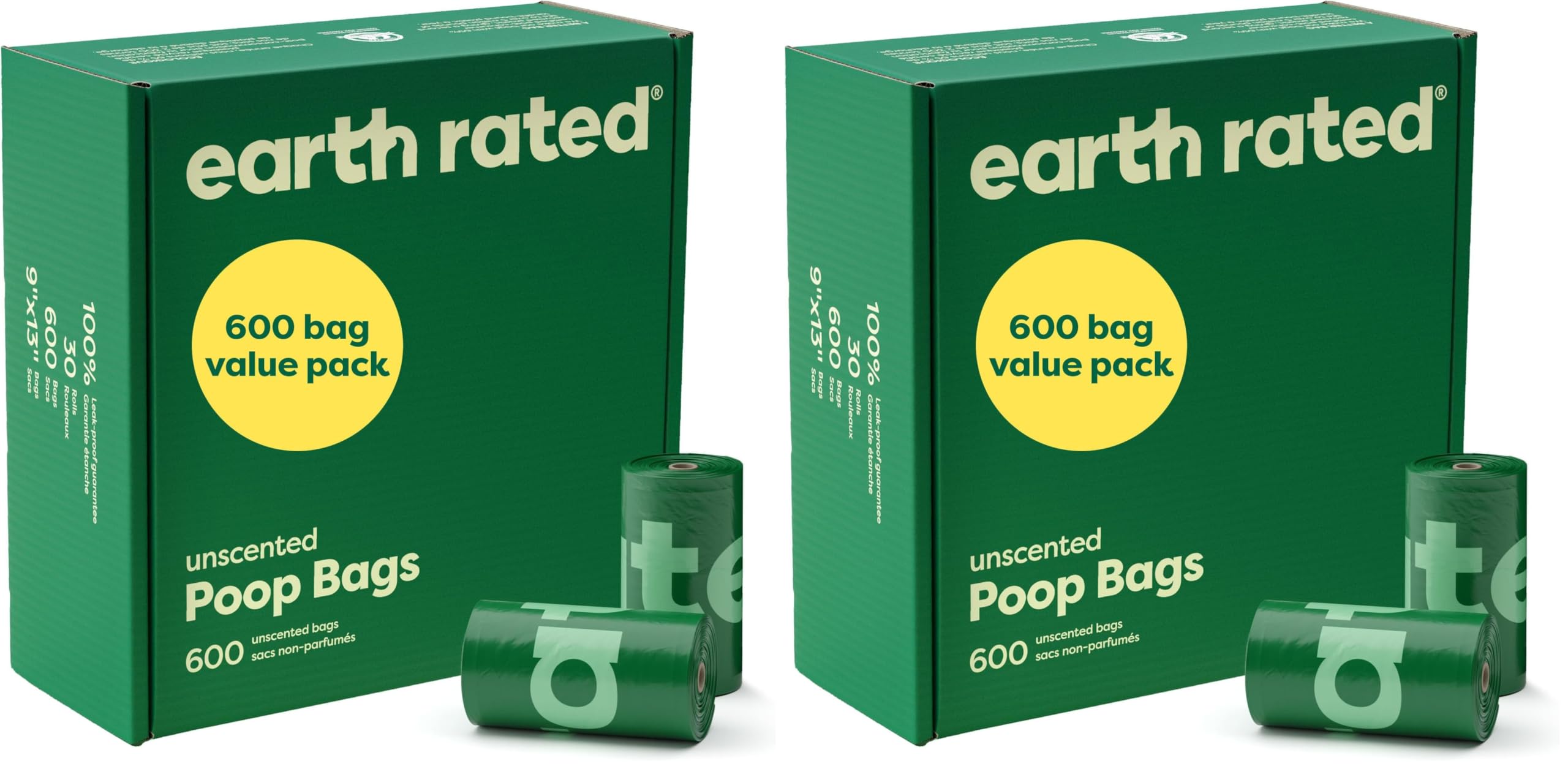 Earth Rated Dog Poop Bags Value Pack, Leak-Proof and Extra-Thick Pet Waste Bag for Big and Small Dogs, Refill Rolls, Unscented, 600 Count (Pack of 2)