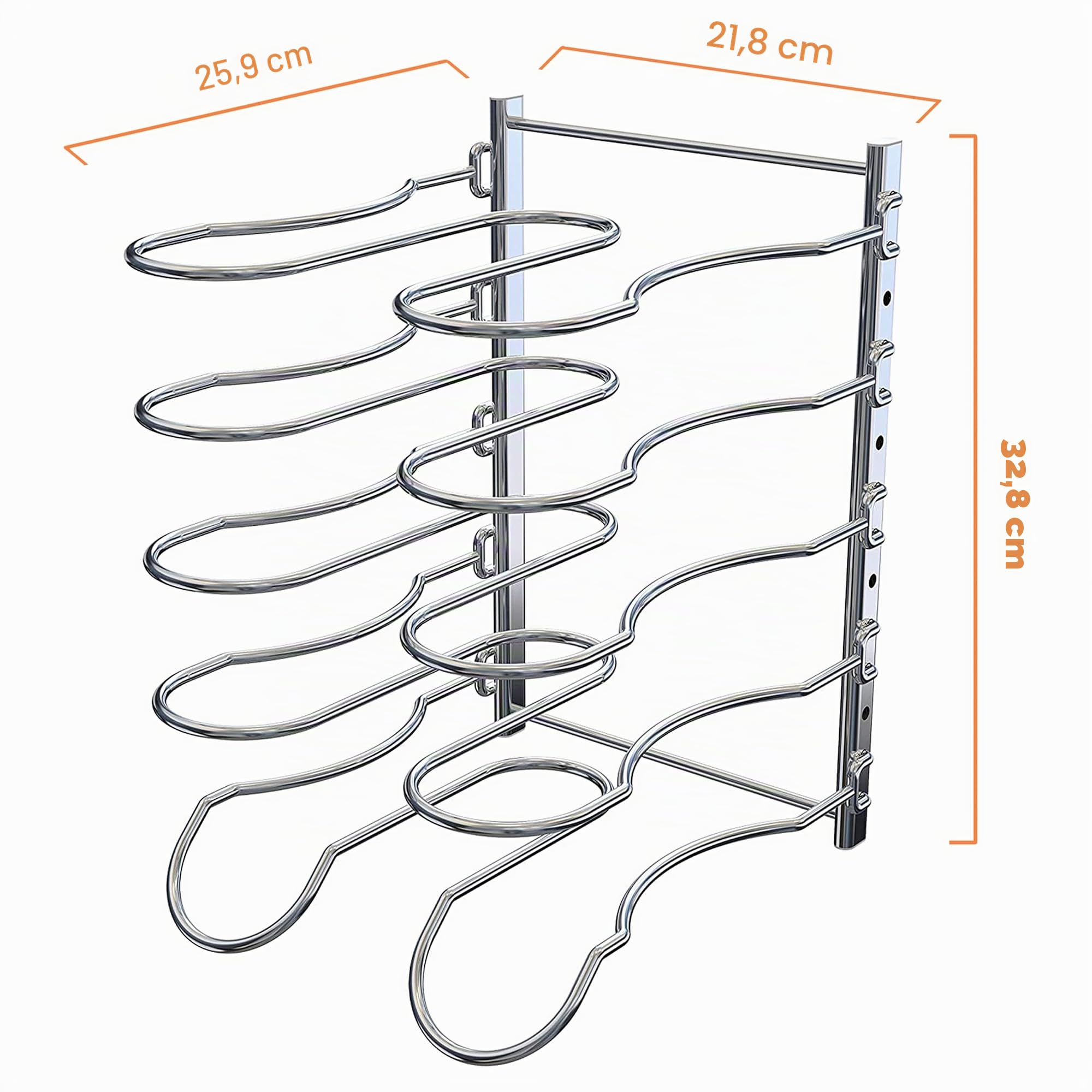 CAXXA Estante para sartenes resistente, estante para tapa de ollas, organizador de utensilios de cocina con 5 separadores ajustables, cromado