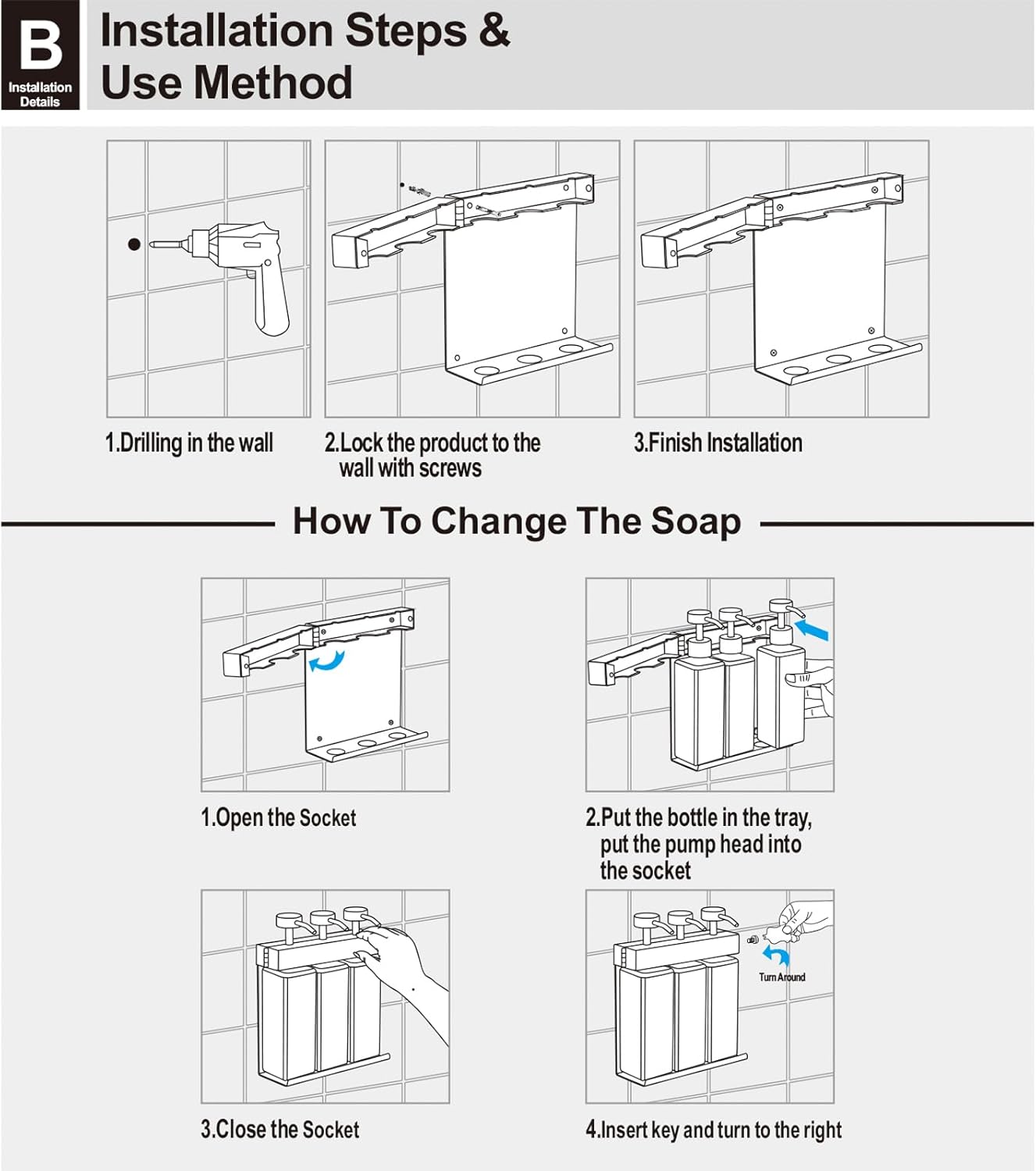 Shampoo, Conditioner, Body Wash Dispenser 2 Compartment Refillable Pump Bottle, Bathroom Wall Mounted Soap Dispenser Empty Bottle Dispenser Set (2 Compartments) - Image 5
