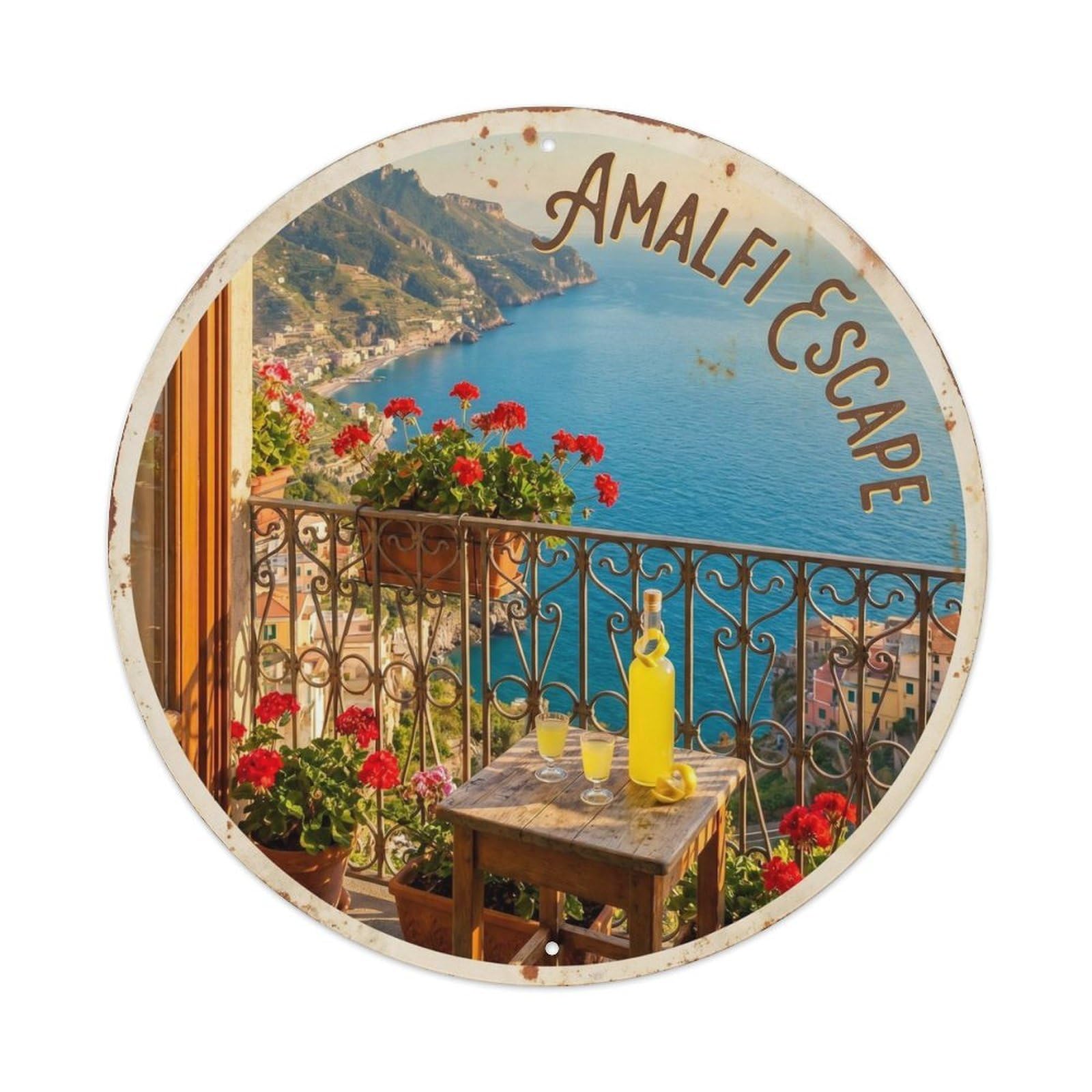 Amalfi Balcony Seaside Sightseeing Retro Travel Italian Coast Metal Tin Sign Plaque Wall Decor for Cafe, Man Cave, Club Bar, Office, Home Garden Round Metal Poster 8x8Inch