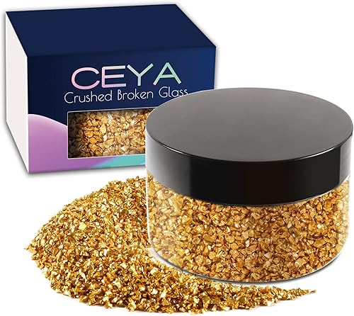 Ceya 5.3 onzas 5.29oz de vidrio irregular triturado dorado metálico chips de cristal roto purpurina de 2 a 0.157in, purpurina gruesa para arte de