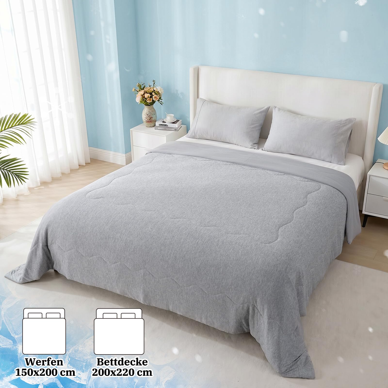 Kühldecke 200x220 cm, Arc-Chill Q-Max>0.5, Grau Doppelseitig Kühlende Bettdecke, Leichtgewicht, Atmungsaktiv, Leichte Sommerdecke zum schlafen Kühldecke für Sofa, Bett, Reisen
