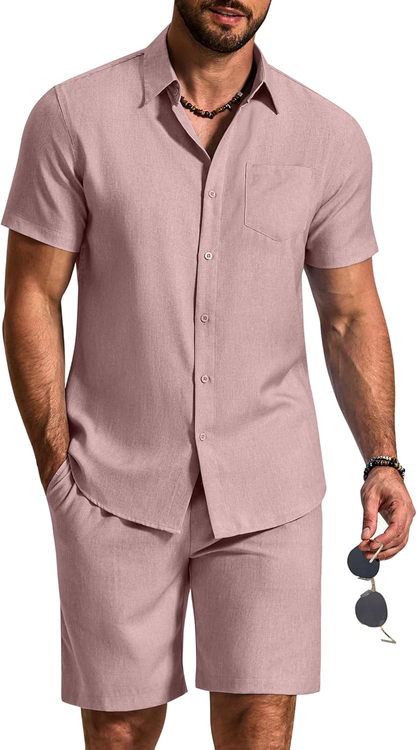 COOFANDY 2 Piece Set for Men Cruise Outfits Set Mens Summer Vacation Outfit Short Sleeve Button Down Shirts