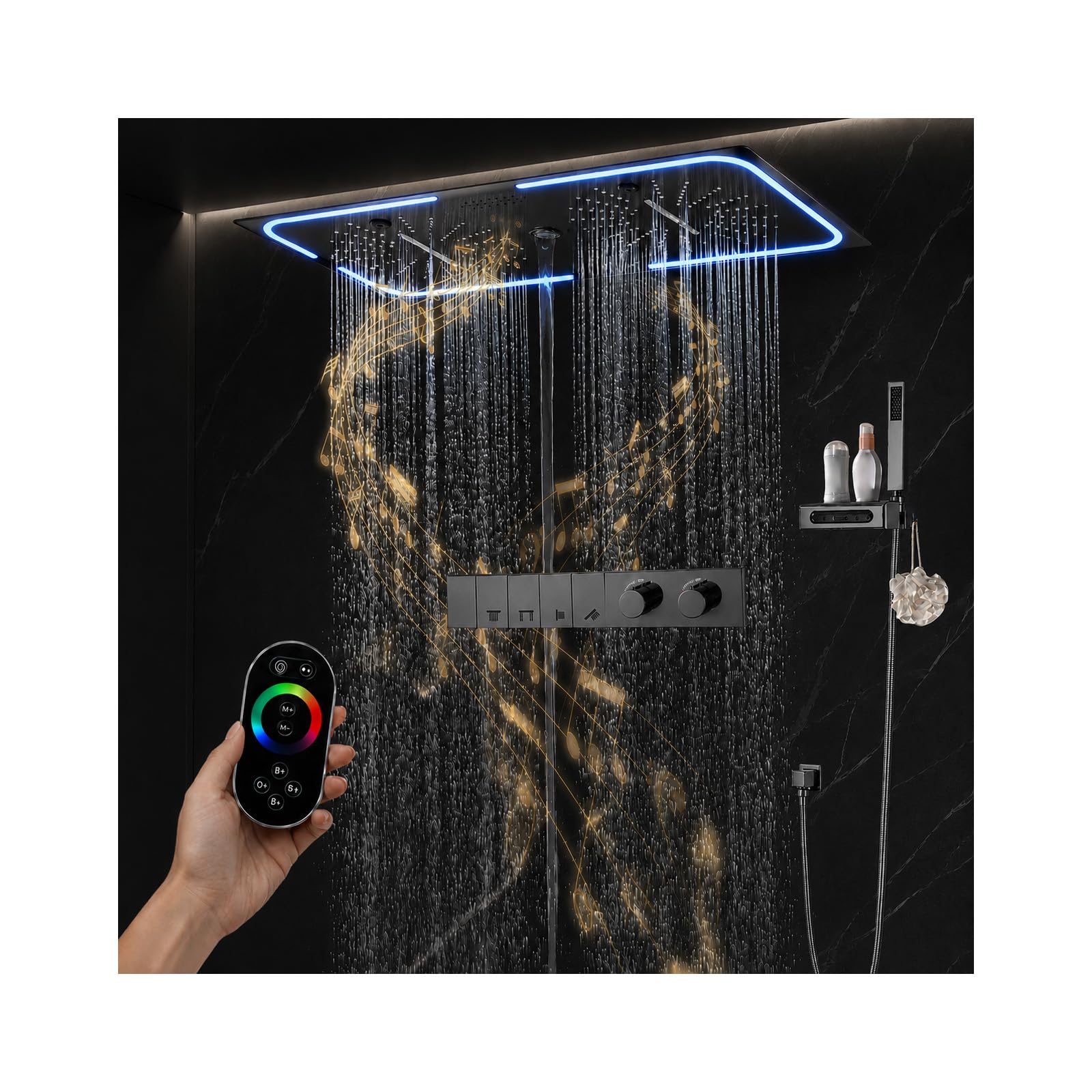Unterputz Duschsystem mit Thermostat, 700 x 350 mm Deckenmontage Duschset mit 3 Strahl, LED Bluetooth Musik Duscharmatur Set für Bad mit 2 Funktionen Auslauf und Handbrause