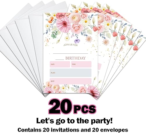 Miniatura 3 de Invitaciones florales de acuarela para fiestas de cumpleaños, invitaciones florales de cumpleaños para mujeres, niños, niñas, adolescentes, adultos,