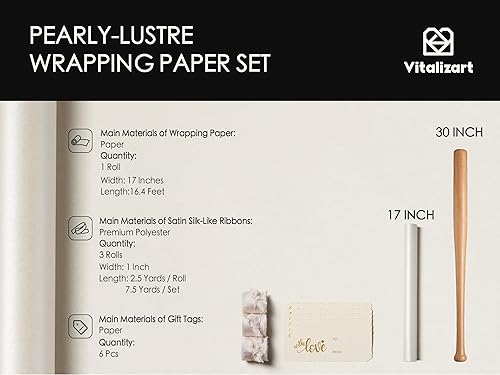 Miniatura 2 de Vitalizart Juego de Papel de Envolver Blanco de 17" Perlado-Lustre con Cinta de Seda Satinada y Etiquetas de Regalo Reciclables para Regalos de
