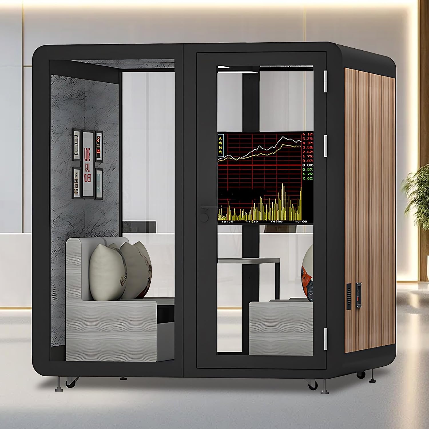 Office Sound Booth with Audio Privacy - Portable Soundproof Booth Includes Black Wood Grain Exterior Design,Movable Room with Light,Fans, Socket for Study,Singing Room (39.37IN)