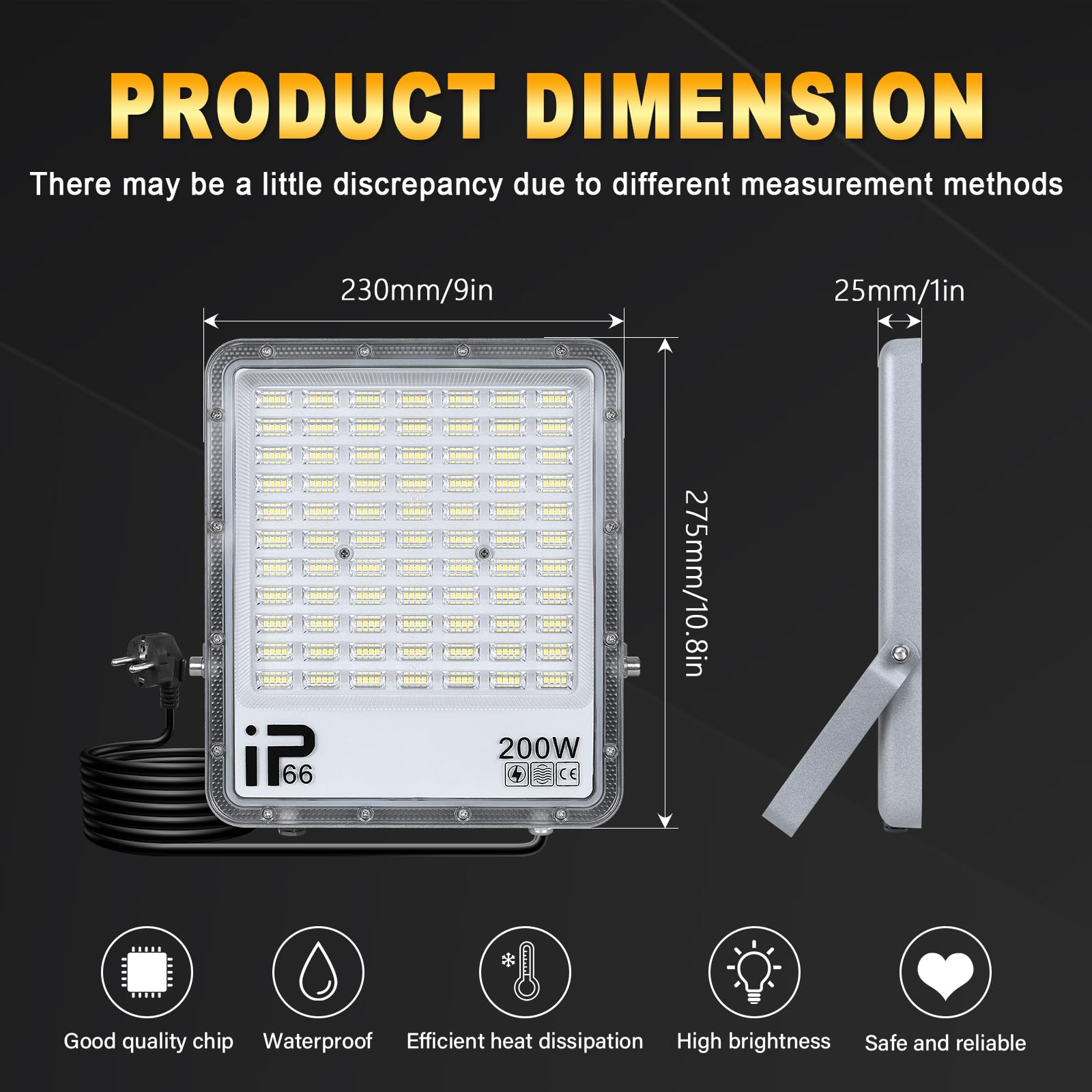 RIGIDON 200W Projecteur Led avec Prise, 20000LM Spot Led Extérieur