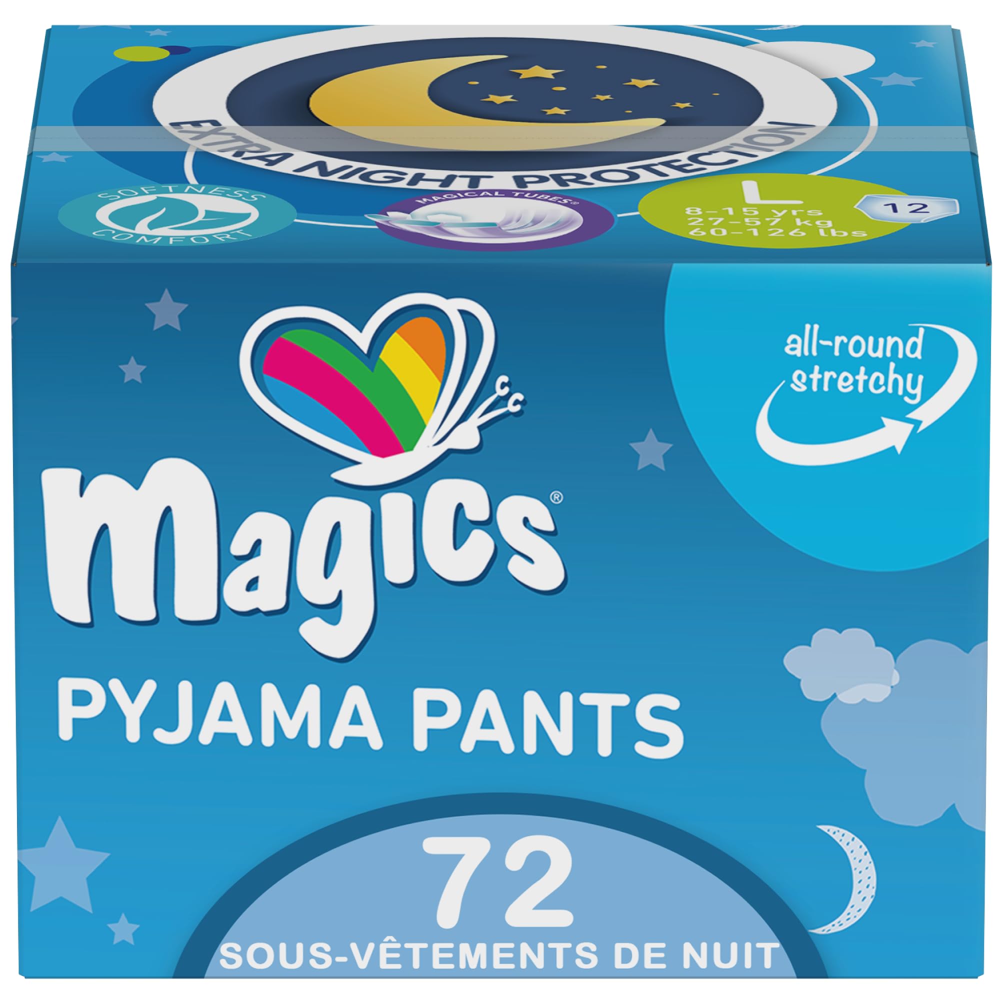 Magics Pyjama Pants - 72x Pannolini a Mutandina per la Notte - Taglia L (27-57 kg) - Pants Assorbenti per Bambini e Ragazzi 8-15 Anni - Mutandine Assorbenti, 6 Confezioni da 12 Pannolini