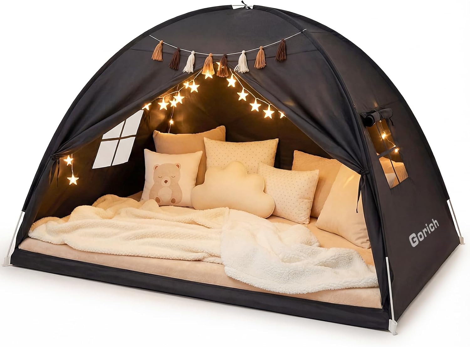 Gorich Twin Bed Tent for Kids, Indoor Privacy Toddler Sleeping Canopy with Mesh Window, Fits Bunk or Floor Bed, Include Star Lights & Tassels, Cozy Playhouse for Boys Girls Birthday