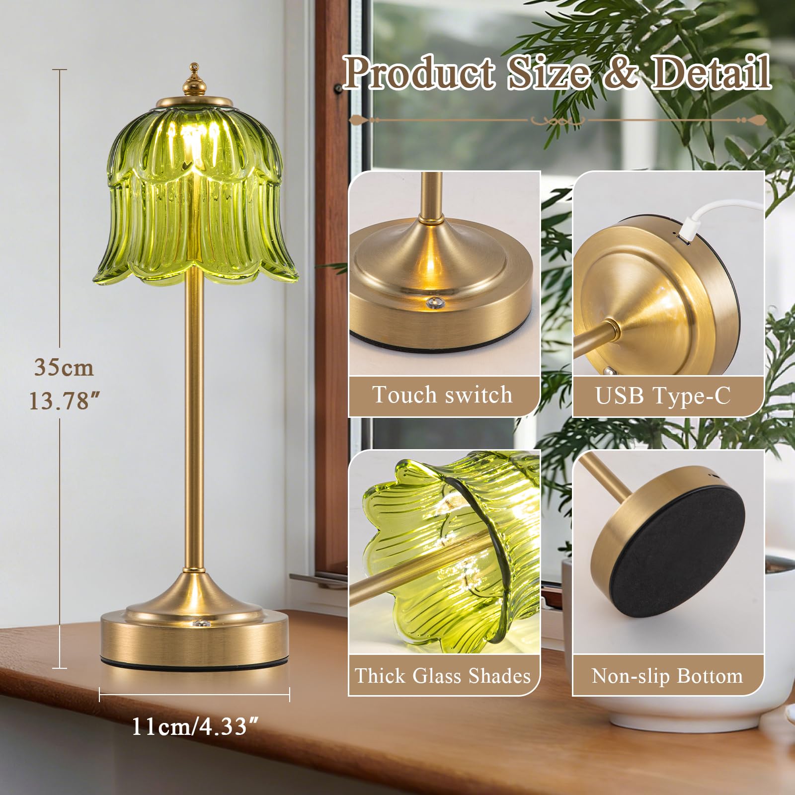 Retro Rose Tischlampe Kabellos, Wiederaufladbar mit 6000mAh Akku, 3 Farbtemperaturen Dimmbar, Tragbare LED-Tischlampe für Esszimmer, Schlafzimmer,Bartheke(Smaragdgrün)