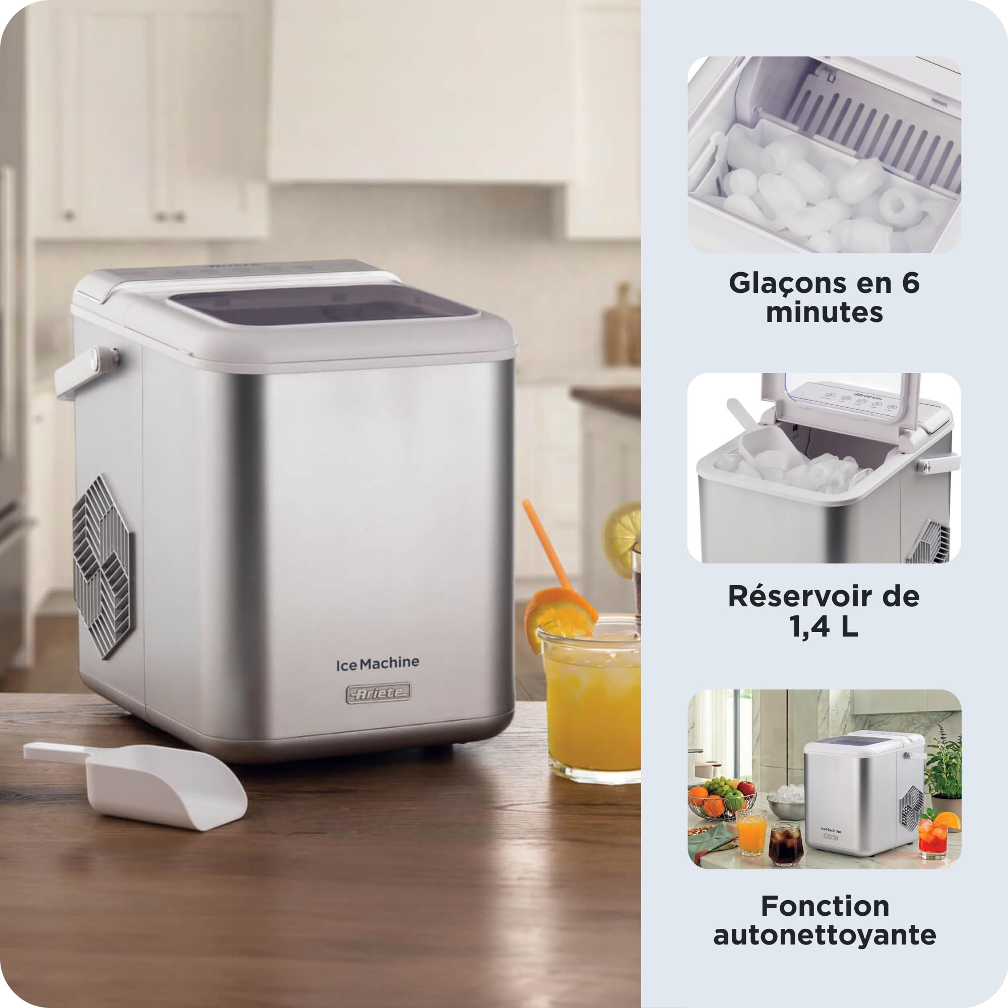 Ariete 651 Ice Machine, Macchine per fare il ghiaccio, 9 cubetti di ghiaccio in 6 minuti, 1,4L, Cubetti grandi e piccoli, Funzione autopulizia