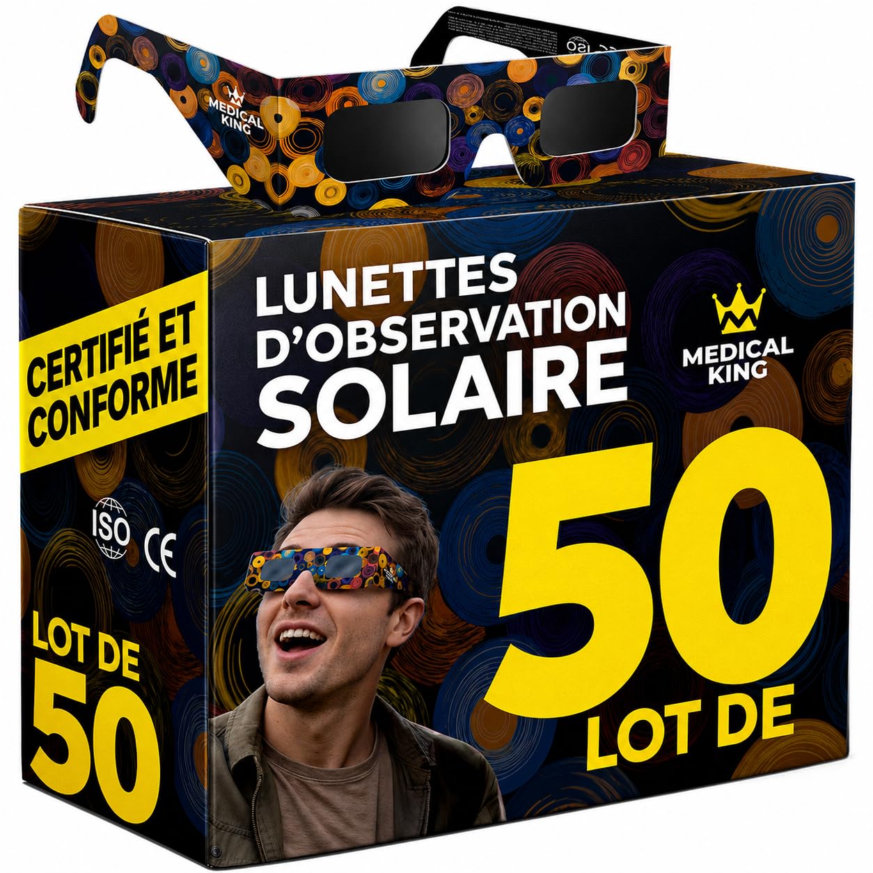 Lunettes Eclipse Solaire ISO 12312-2 Lot de 50 Paires avec 2 Filtres pour Smartphone, Protection des Yeux CE