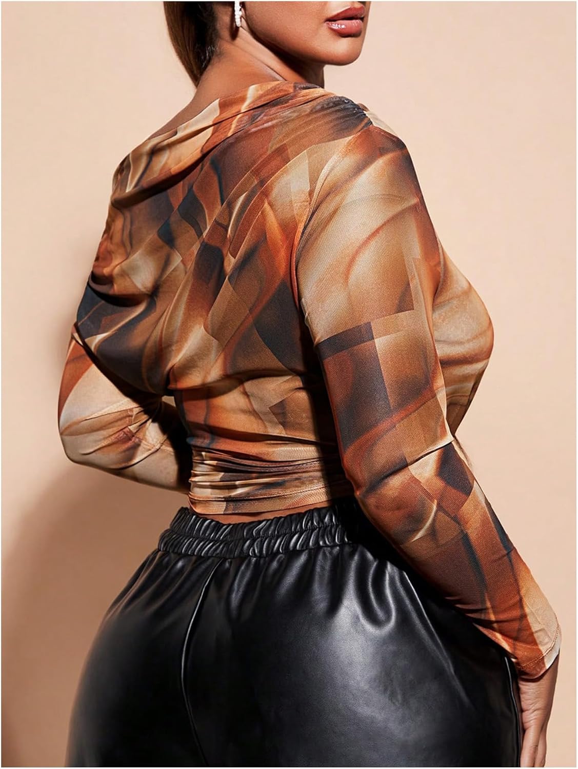 SweatyRocks Women's Plus Size Crop Tops Asymmetrical Neck Ruched Long Sleeve Mesh T Shirts - Image 5