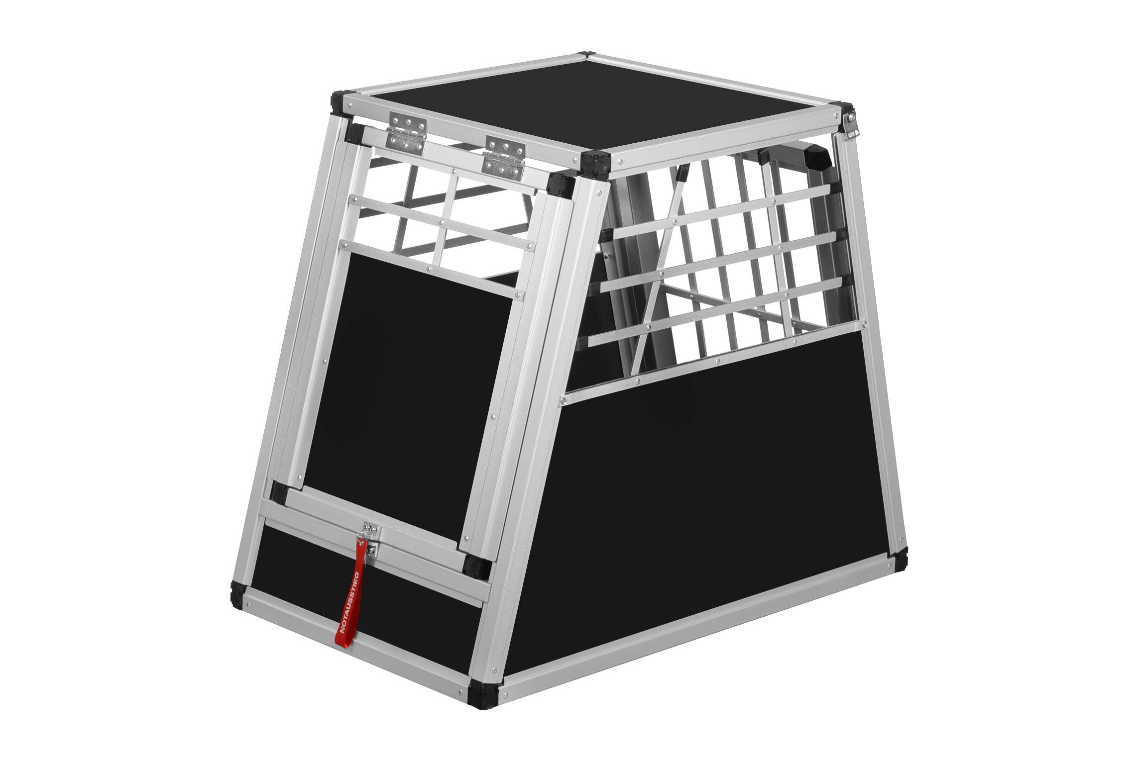 ALPUNA Transportbox N4 – Aluminium Hundebox 82×50×69,5 cm mit Notausstieg, sichere Auto Hundebox für den Kofferraum