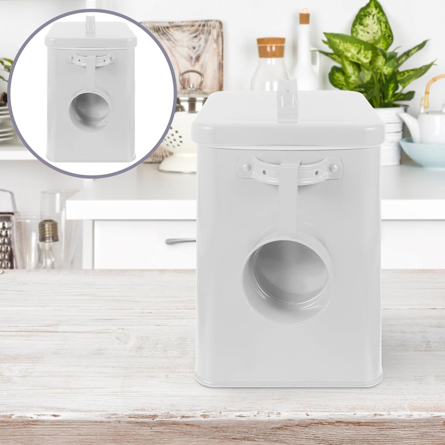 Wakauto Iron Pet Food Storage Bucket Airtight Sealed Kitchen Rice Bin Metal Canister for Dog Cat Food Pantry Organization White