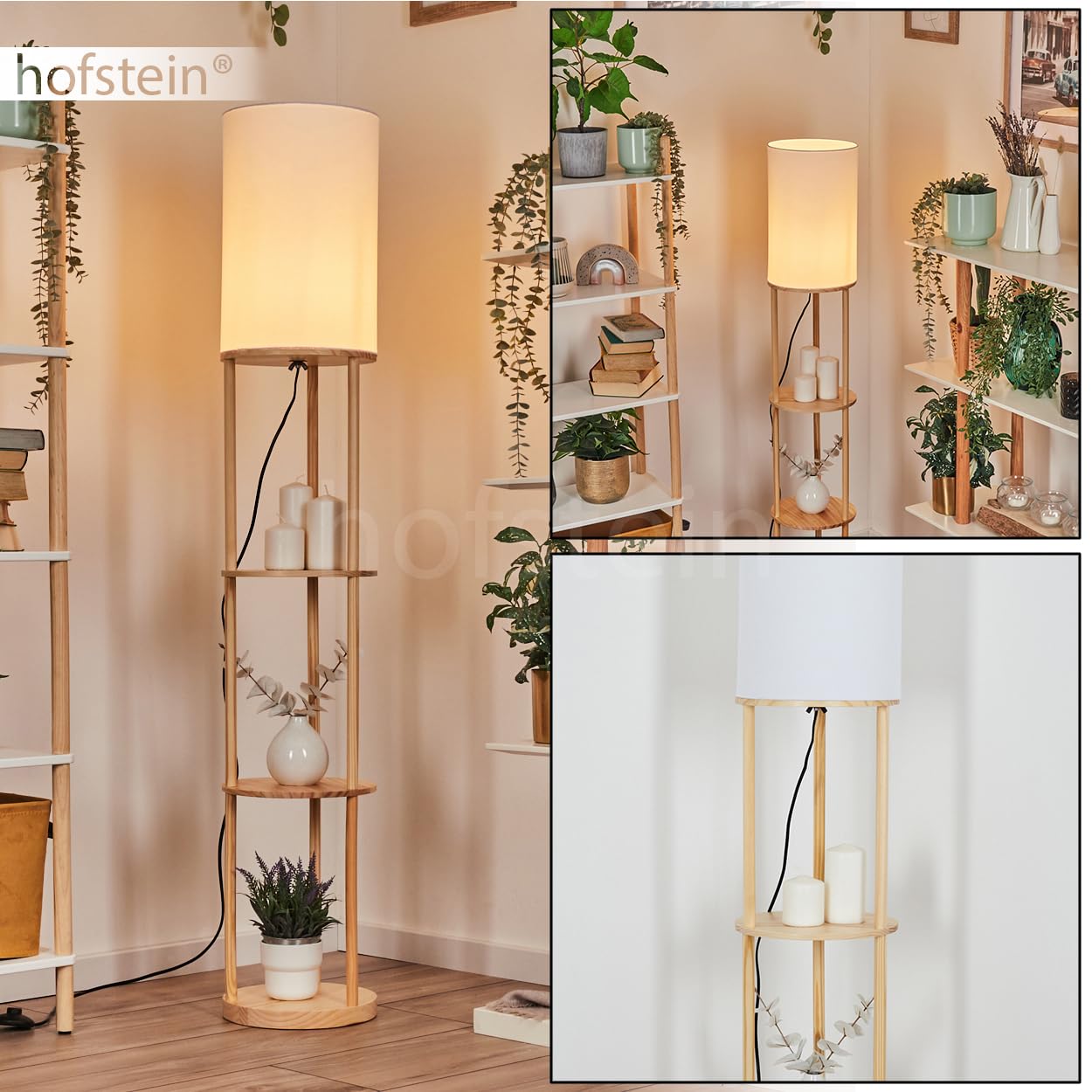 Lampa podłogowa Hamaa, lampa stojąca wykonana z drewna/tkaniny w kolorach naturalnych/białych, skandynawski design, klosz Ø 26 cm, półki i włącznik nożny, wysokość 150,5 cm, 1 x E27, bez żarówki