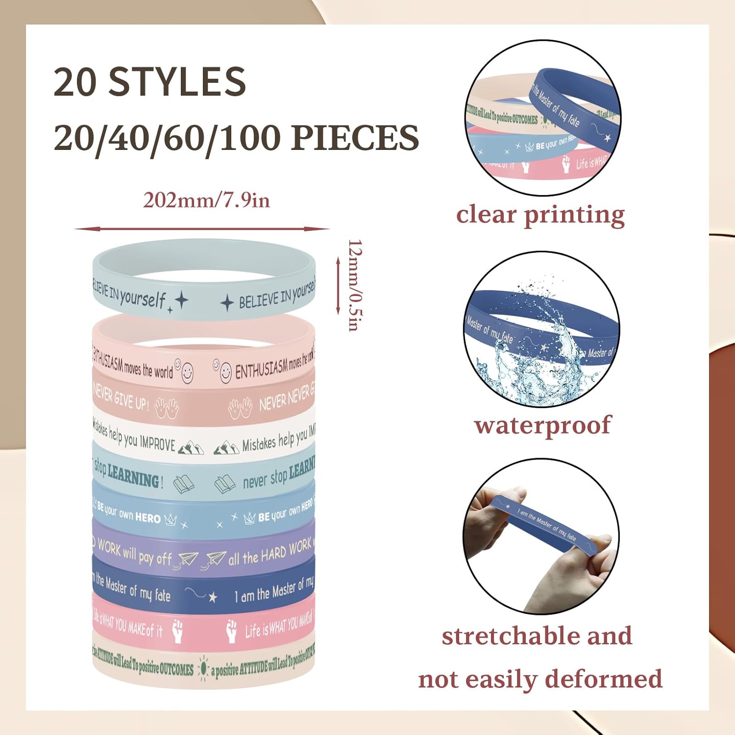 20/40/60/100 Inspirational Rubber Bracelets, Motivational Wristbands, Stretch Affirmation Bands for School, Christmas Gifts -20 Styles - Image 3
