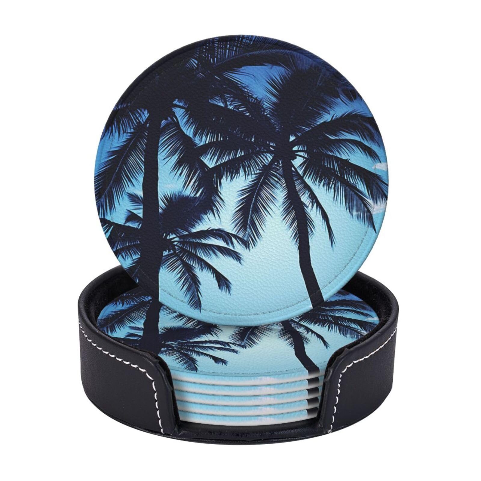 6PCS Drink Coasters with Holder, 4" Leather Coasters for Drinks, Palm Tree Blue Cup Coasters for Coffee Table Decor, Non-Slip Drinking Cup Mat for Hot or Cold Drink