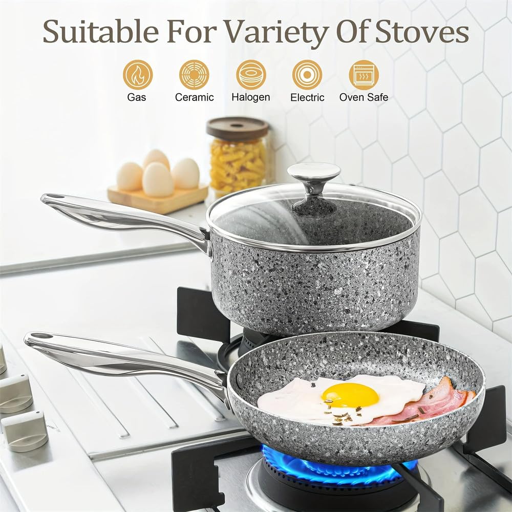 8-częściowy zestaw garnków i patelni, naczynia kuchenne z powłoką granitową, aby uzyskać efekt Super Nonstick, niezbędne kamienne przybory kuchenne Cookwa, szary granit 8, sztuka, jeden