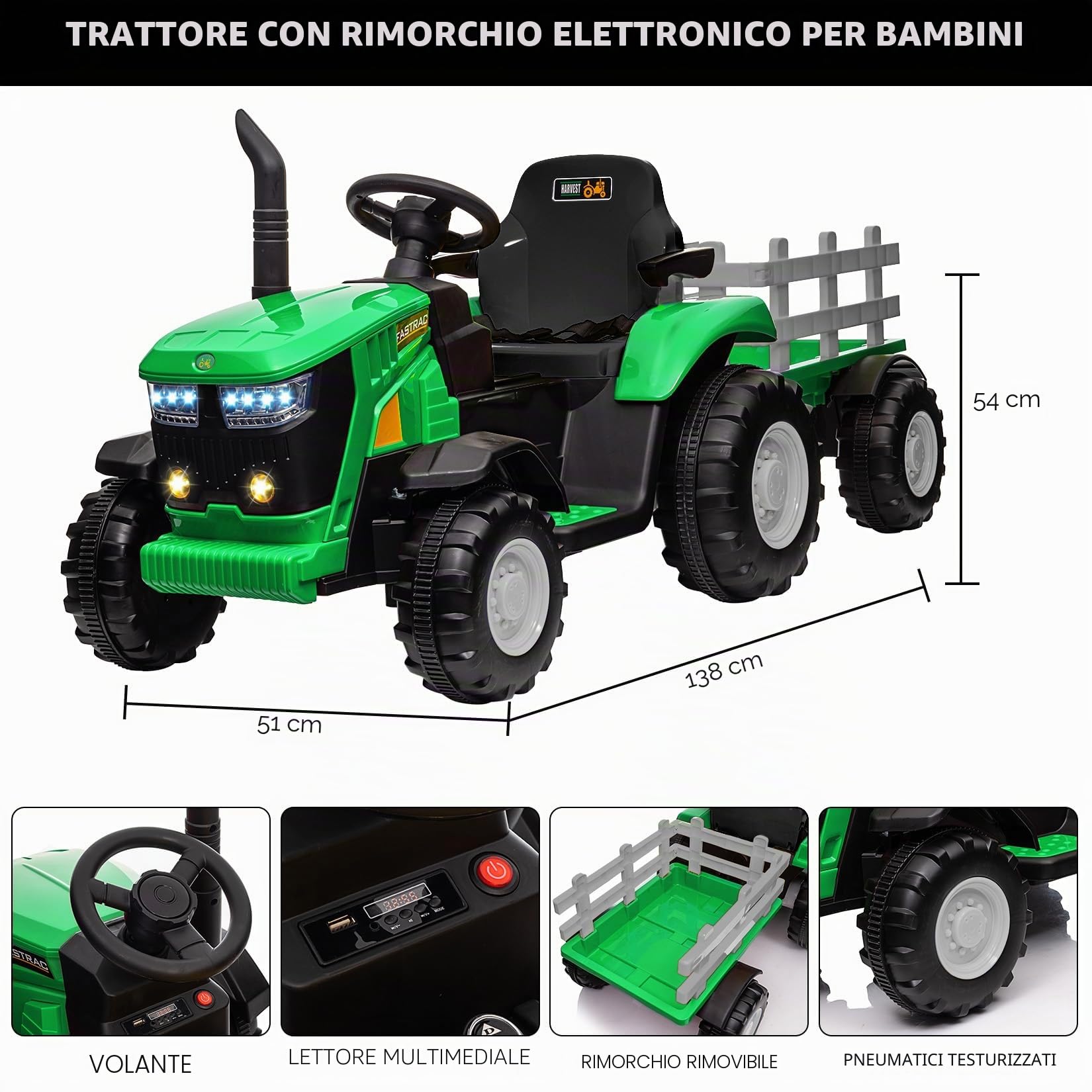 Trattore elettrico per bambini con rimorchio rimovibile doppio motore 35 W, auto elettrica 12 V a 6 pneumatici per bambini con telecomando, musica, 3 velocità, 7 LED, clacson (Verde)
