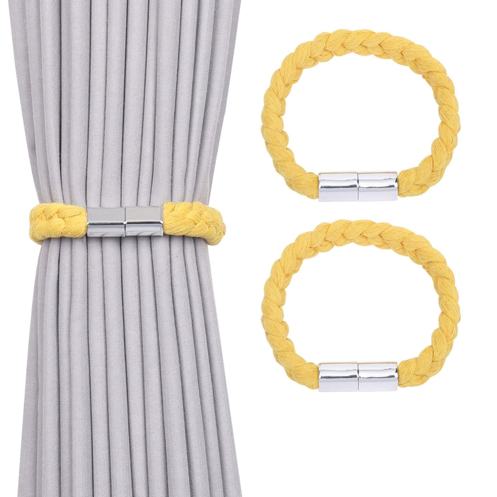 Pretty Jolly 2 Pack Twisted Braid Rope Magnetic Curtain Tiebacks Elegant Hand-Woven Style Drape Tie Backs Soft Natural Cotton Rope Curtain Holdbacks for Home & Office Window Draperies (Yellow)