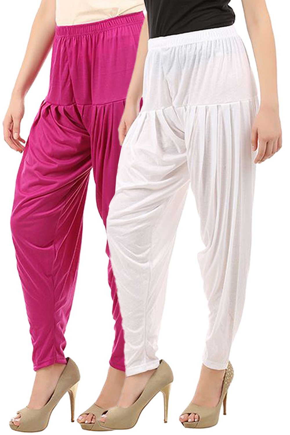 buy that trendz Women's Cotton Viscose Dhoti Patiyala Salwar Harem Bottoms Pants Black Yellow Combo Pack of 2 (Rani Pink-White-picture-39