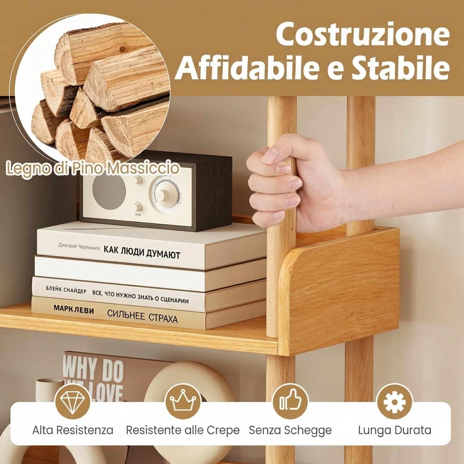 COSTWAY Libreria Verticale a 3 Livelli, Scaffale per Libri Aperto con Gambe in Legno di Pino,Protezione dei Bordi e Kit Antiribaltamento, Libreria Scaffale da Terra per Soggiorno e Camera da Letto