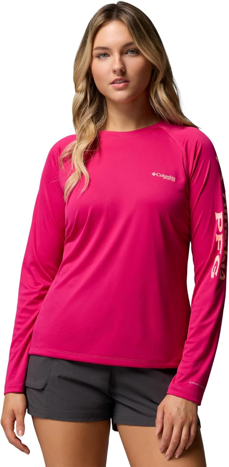 Columbia Women's PFG Tidal Tee II Long Sleeve Sun Protection Shirt, Guava Pink/Tiki Pink Logo, Medium
