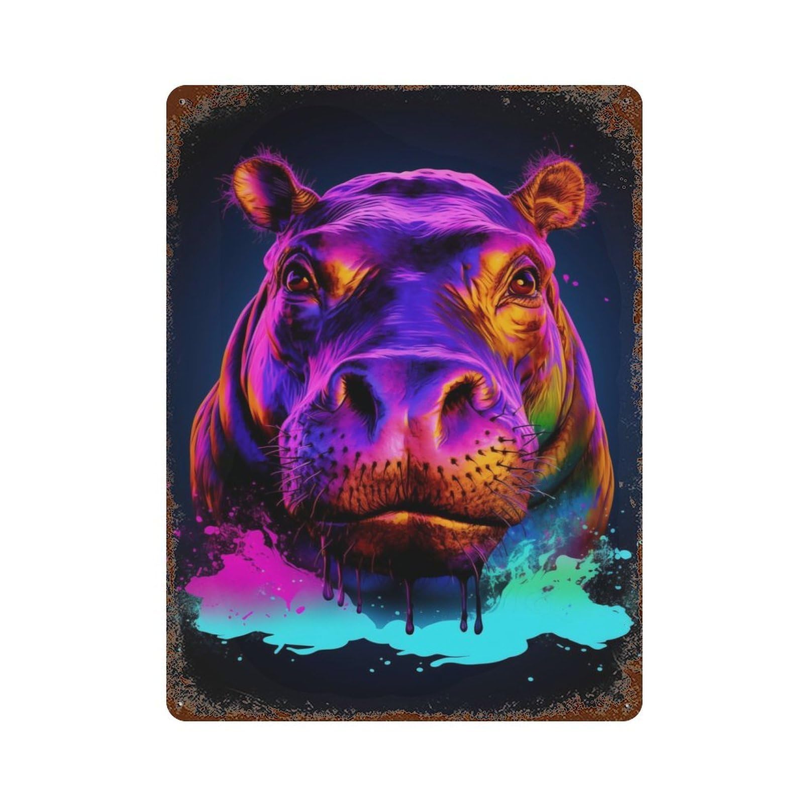 Neon Hippo Rustic Tin Plaque 15.7"x11.8", for Living Room, Hallway And Home Decor, Decorative Metal Wall Art