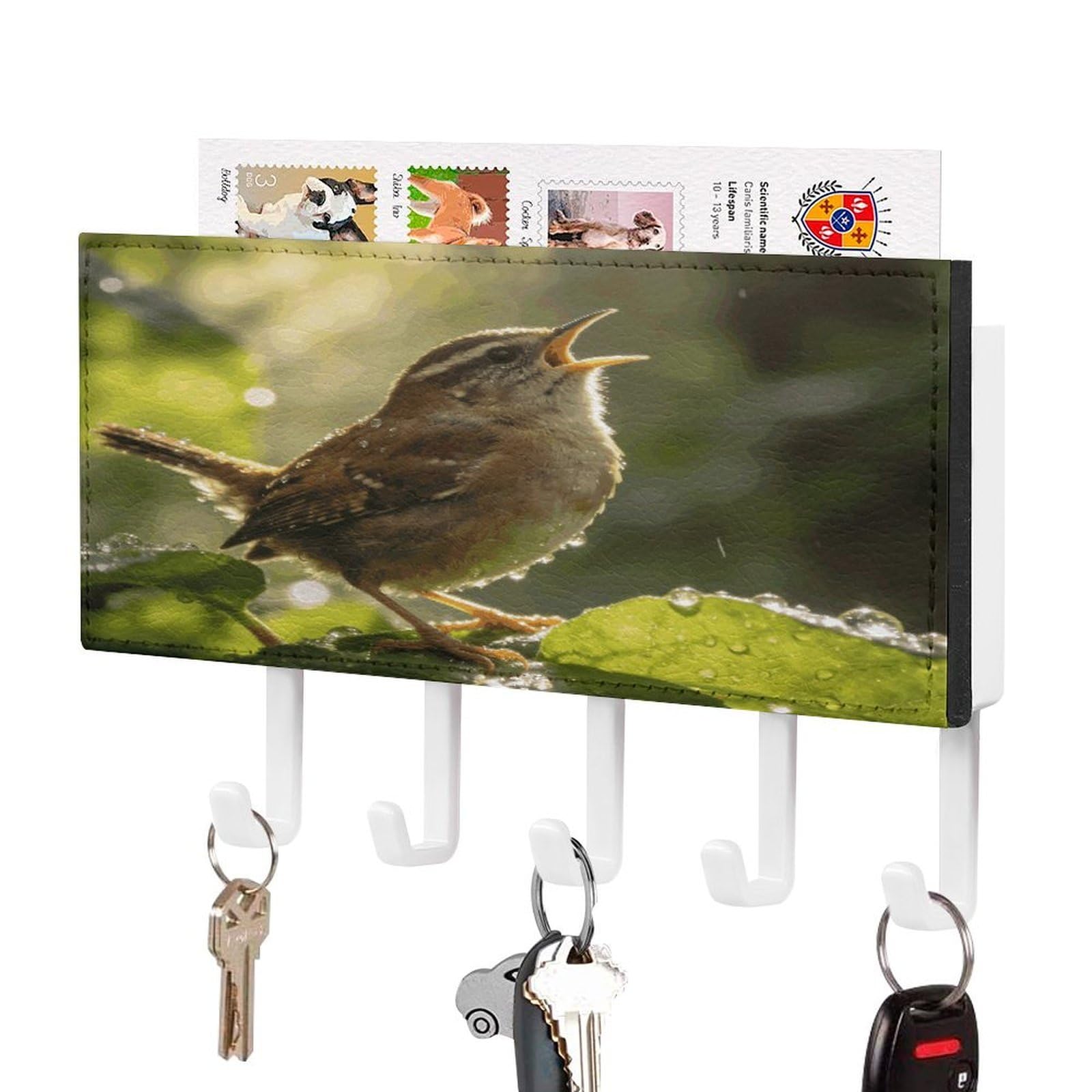 Vstadank White-Style Birdsong Key Holder Wall Mount Pu Key Rack Decorative Key And Mail Holder Wall Key Organizer With 5 Key Hooks Key Hanger For Entryway Kitchen Living Room Office Doorway Decor White