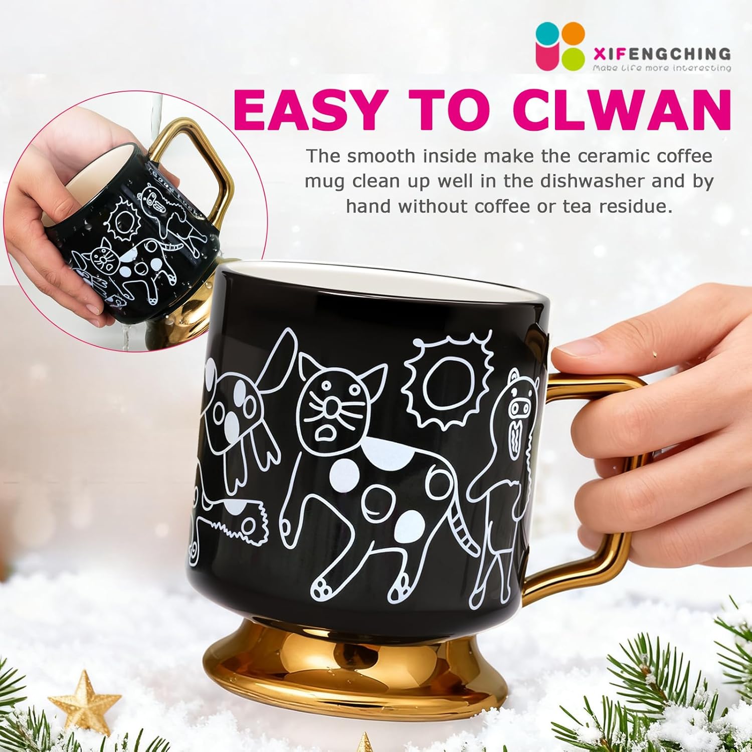 Christmas Mugs Whimsical Animal Ceramic fun Coffee Mug – 14oz Childlike Hand-Drawn Cat, Dog & Bear Design – Cute gothic Coffee Cup Gift for Women, Girls, Kids (Black) - Image 5