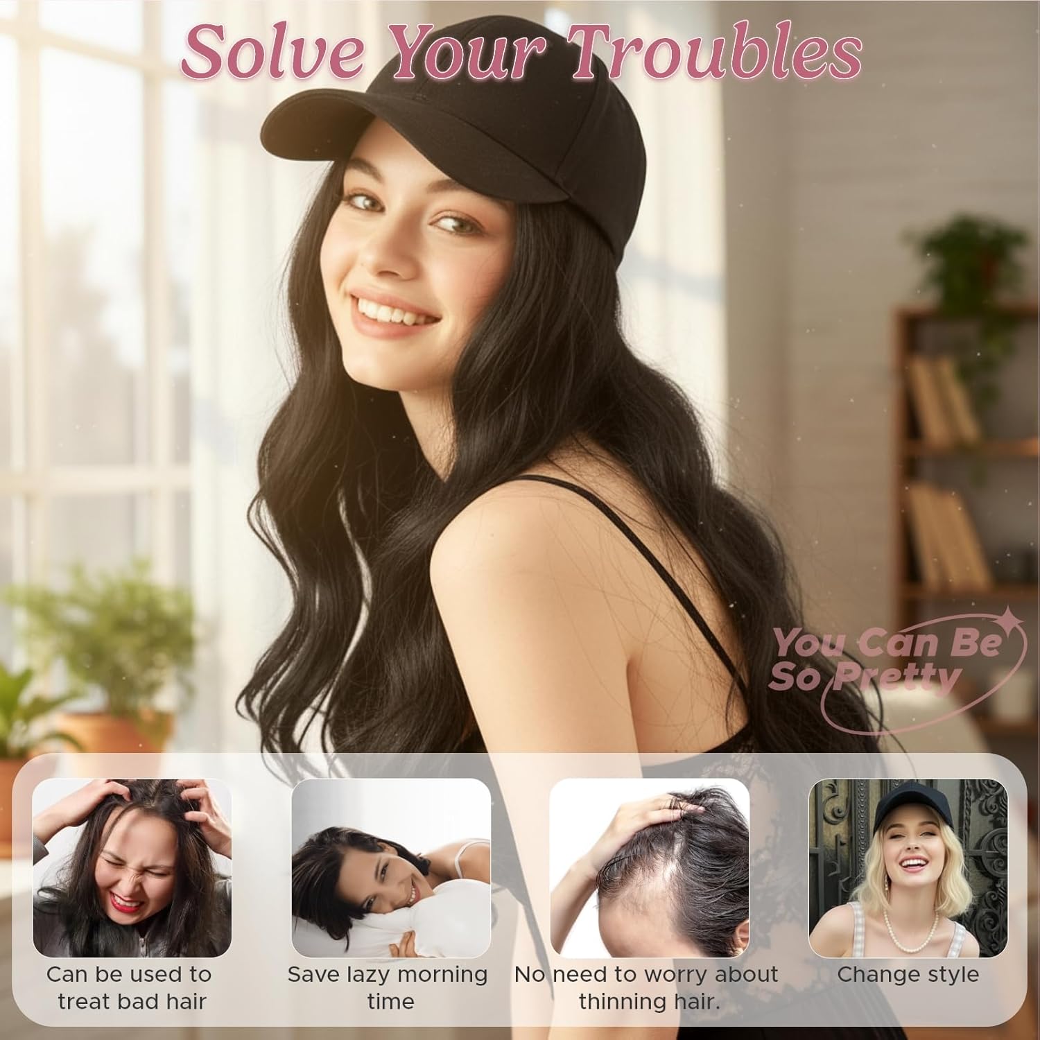 SEGOHAIR Hat Wig for Women Baseball Cap with Hair Extensions 6 Inch Synthetic Straight Hair Adjustable Wig Hat with Attached Hair for Daily Wear,（10P22T, Medium Brown Mix Dark Blonde）