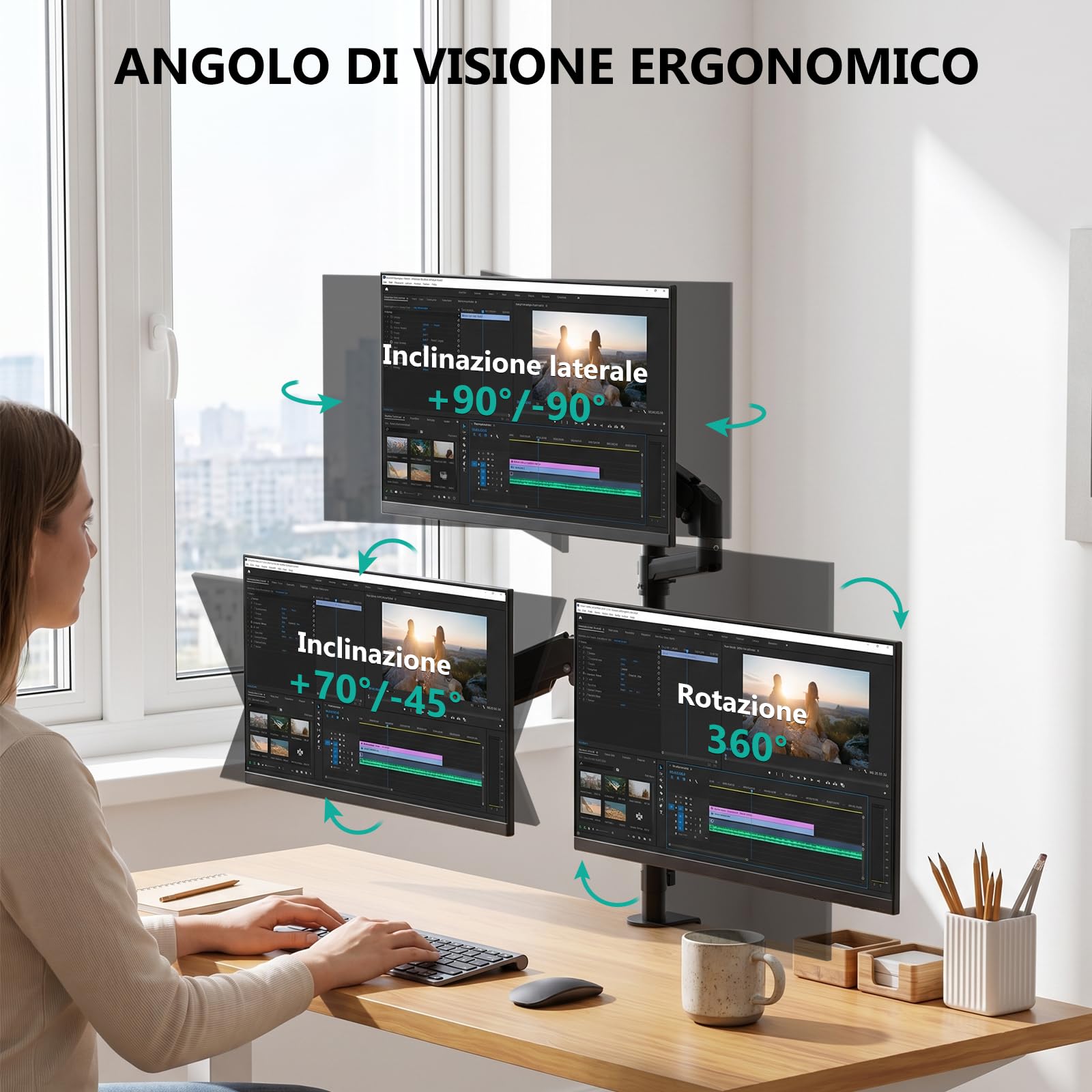 WALI Supporto triplo per monitor da 17-32 pollici, completamente regolabile per 3 monitor con morsetto e base con passacavo, braccio per monitor con molla a gas, fino a 9 kg ciascuno, VESA 75 x 75 100