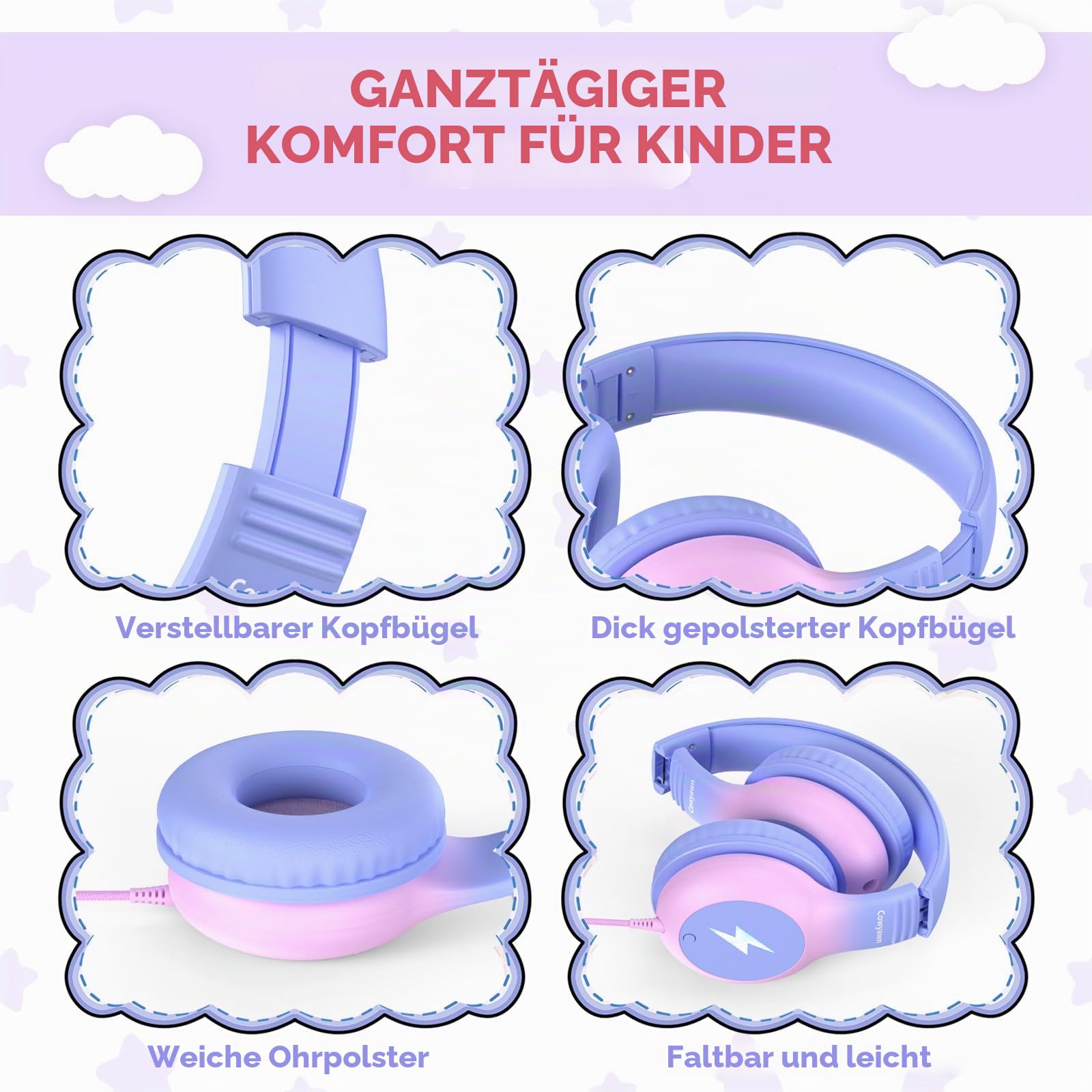 Cowyawn Kinder-Kopfhörer mit LED-Lichtern, USB-Typ-C-Kid-Kopfhörer mit Mikrofon, Lautstärkenbegrenzung 85/94 dB, Over-Ear-USB-C-Kopfhörer für Jungen/Mädchen/Schule/Tablet/Reisen/iPad/iPhone, Violett