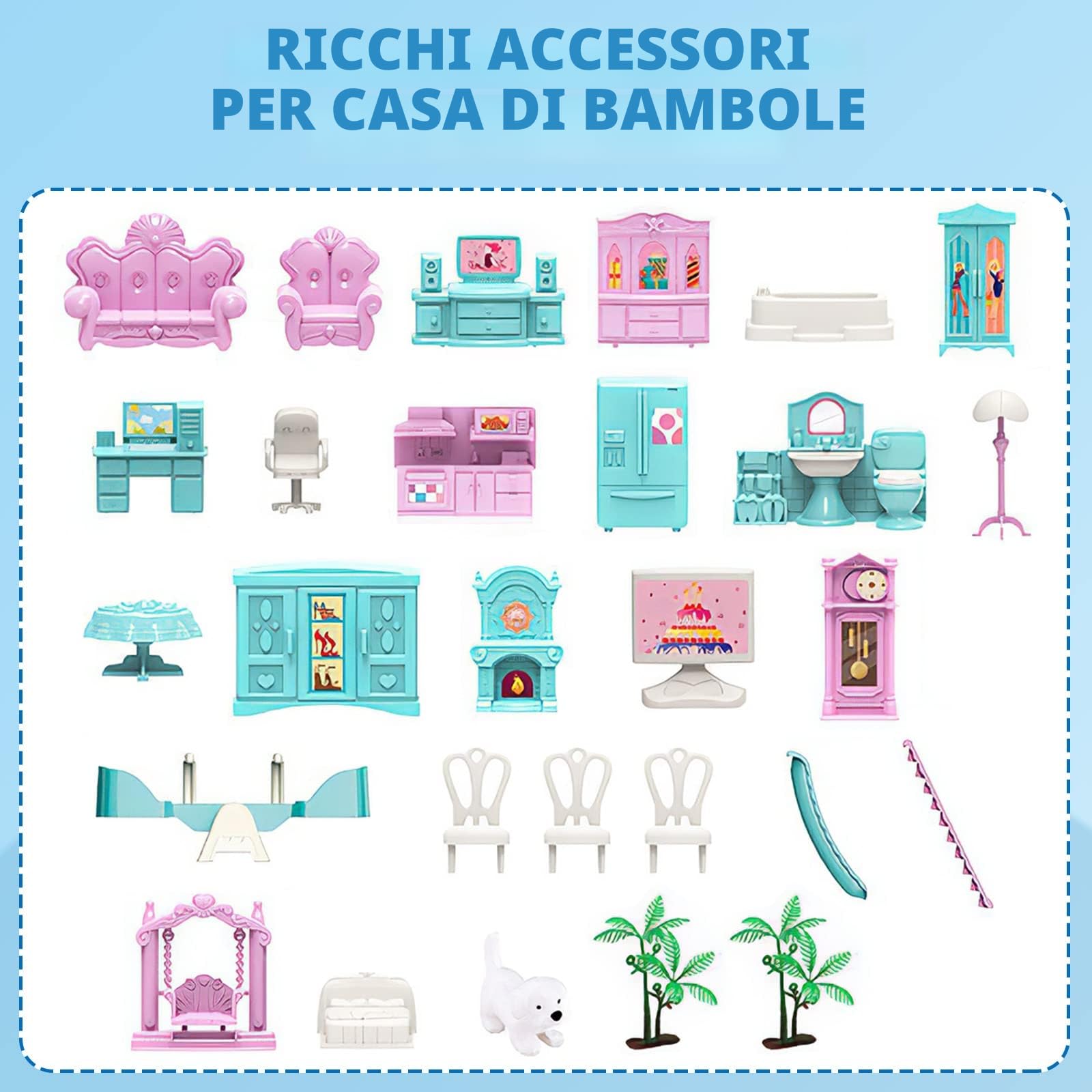 deAO Casa delle Bambole a 3 Piani con 6 Stanze, Set di Gioco Casa delle Bambole, Casa in Miniatura con Mobili e Scivoli, Scale, Recinzioni, Cagnolino e Bambole, Ottimo Regalo per Bambini