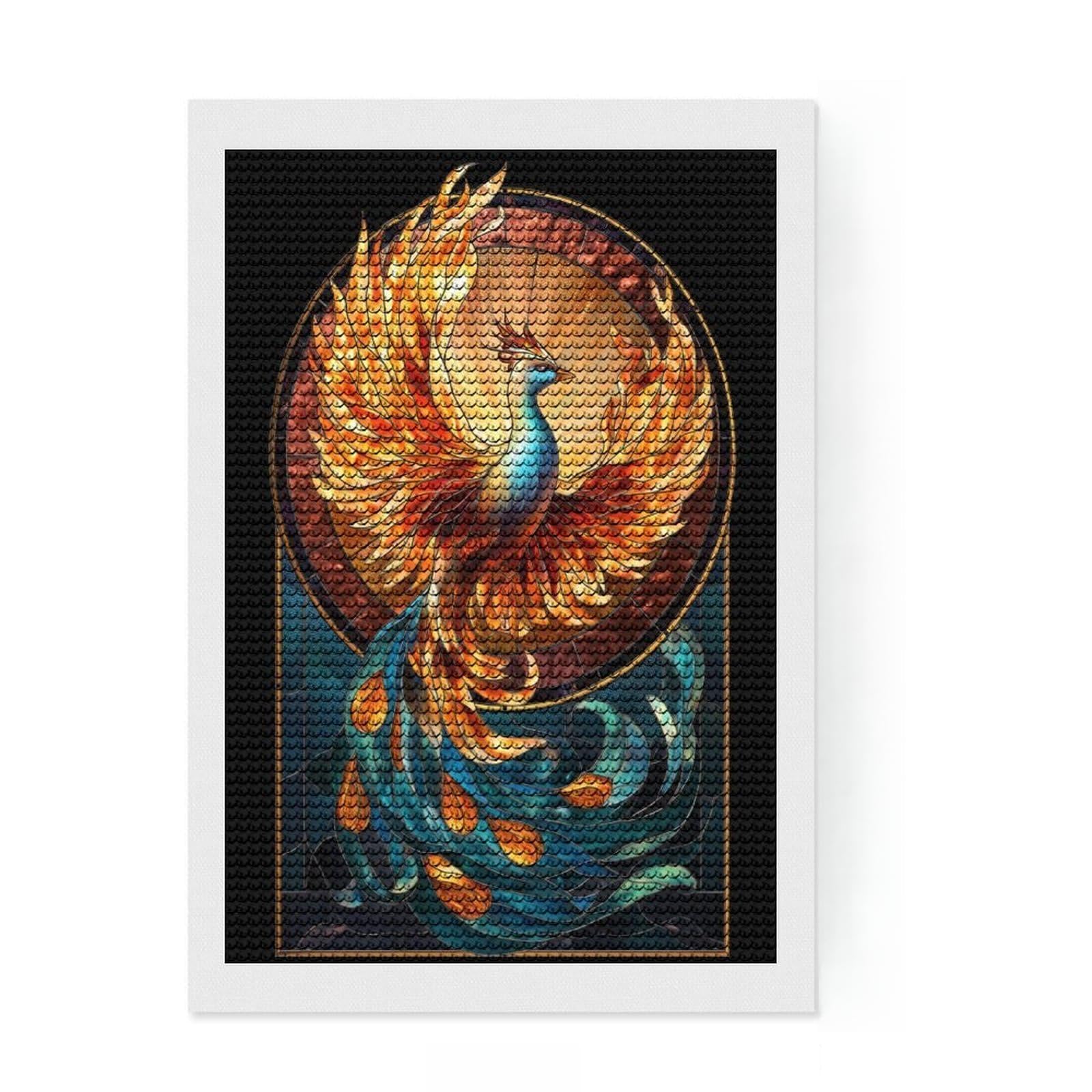 Junmoney Phoenix Stained Glass Art Diamond Painting Kit 8"x12", for Teens, Living Room Decor, Calming Craft to Unwind, Holiday Gift Idea