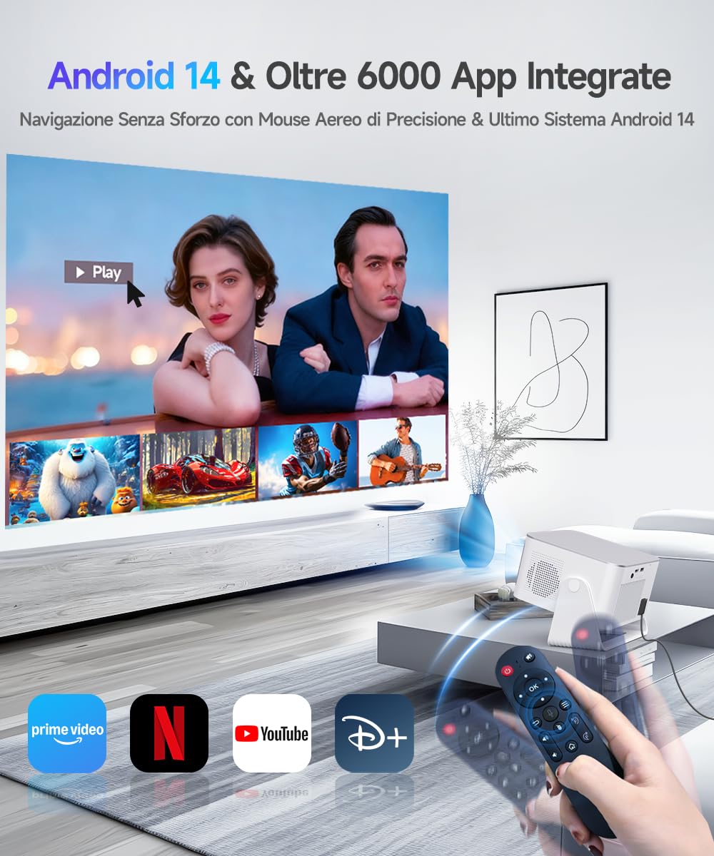 Alwtniet Proiettore Portatile 4K 8K [1080P Nativo e App Integrate] Mini Videoproiettore WiFi 6 Bluetooth 5.4 Android 14 Auto Keystone 6D/Auto Evita Ostacoli per Telefono, Smart TV, HDMI,USB HY350 Max