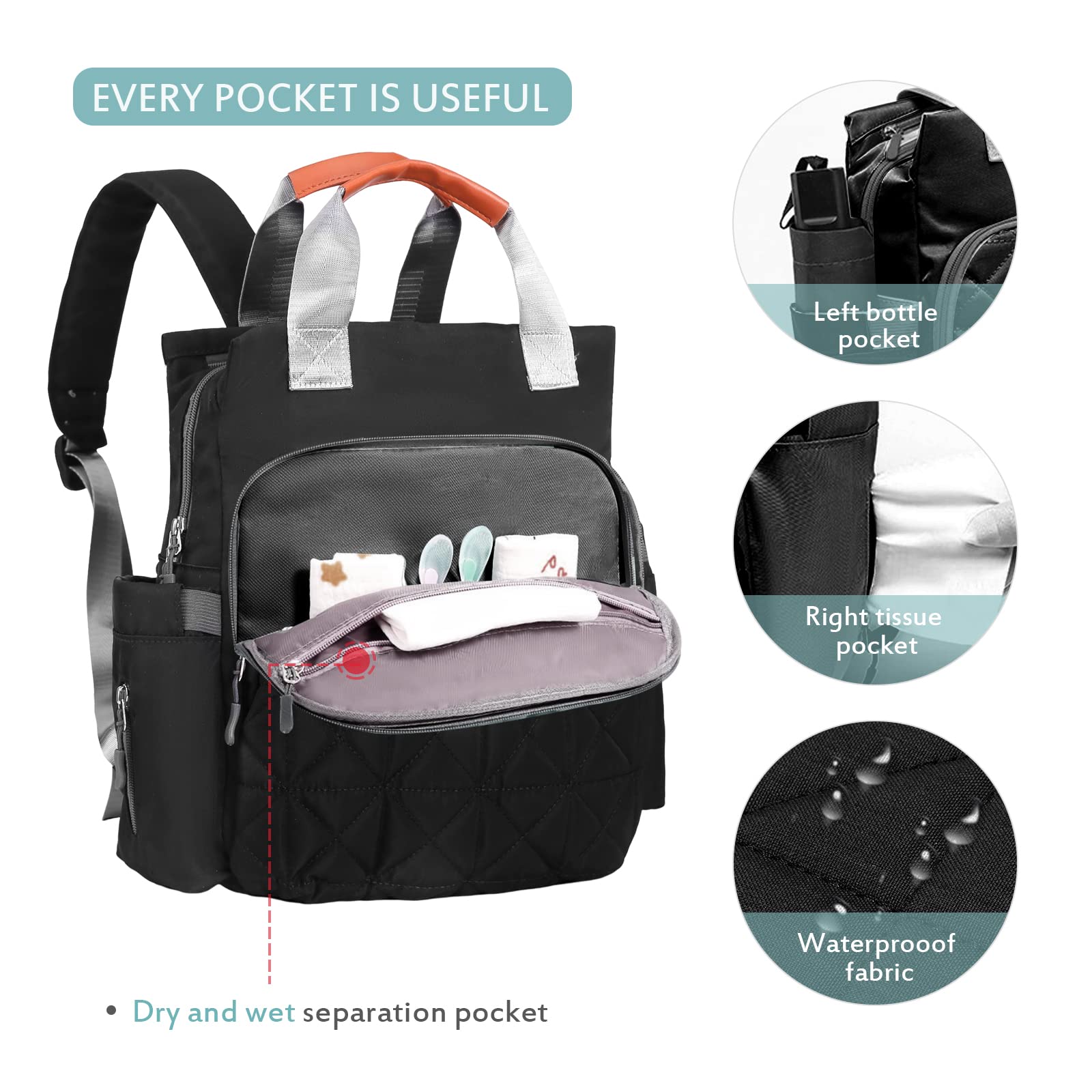 SONARIN Zaino Fasciatoio Multifunzione,Borsa Fasciatoio Borsa per Pannolini Zaino Mamma Zaino Fasciatoio da Viaggio Grande Capacità Impermeabile con Fasciatoio e Ganci per Passeggino(Nero)