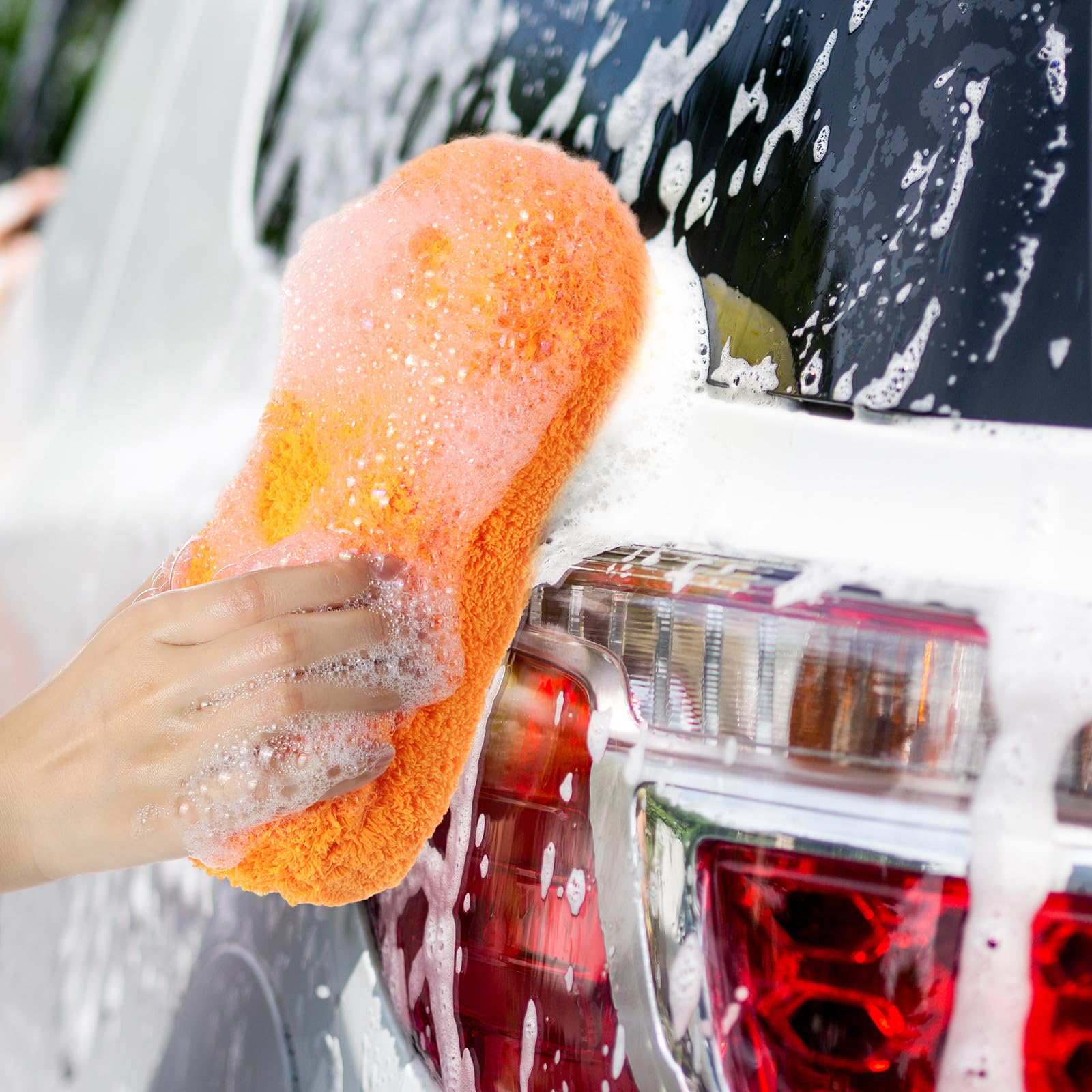 Tanlade 2 esponjas grandes de microfibra para lavado de coche, esponjas de microfibra antiarañazos para suministros de lavado de automóviles, camiones y motocicletas (azul, naranja)