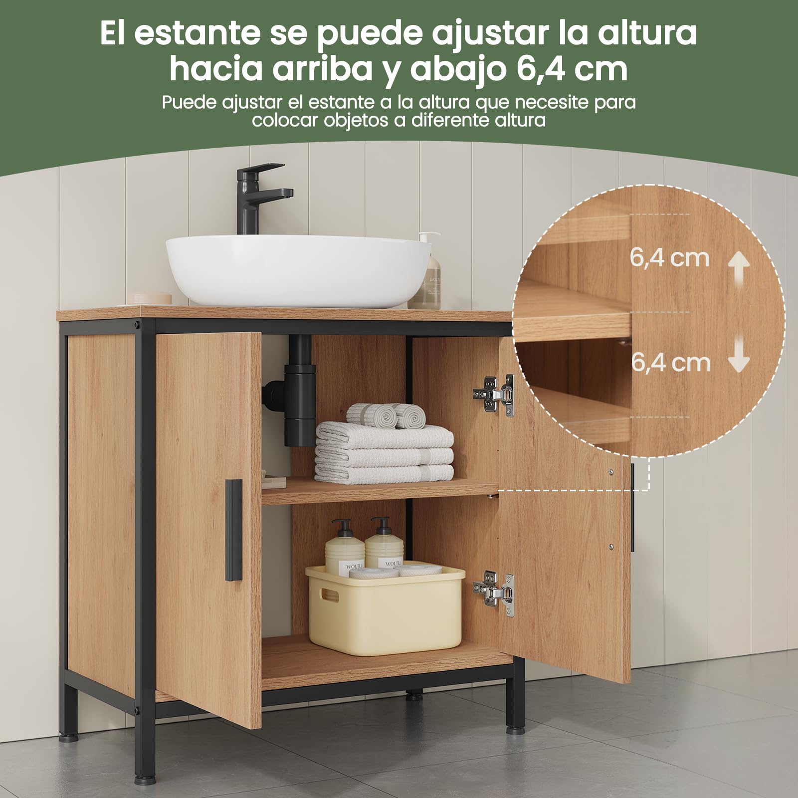 EUGAD Armario de Lavabo con Estante Interno, Mueble Baño Lavabo con Puertas, Bisagras y Patas, Color Madera, 60x30x60 cm