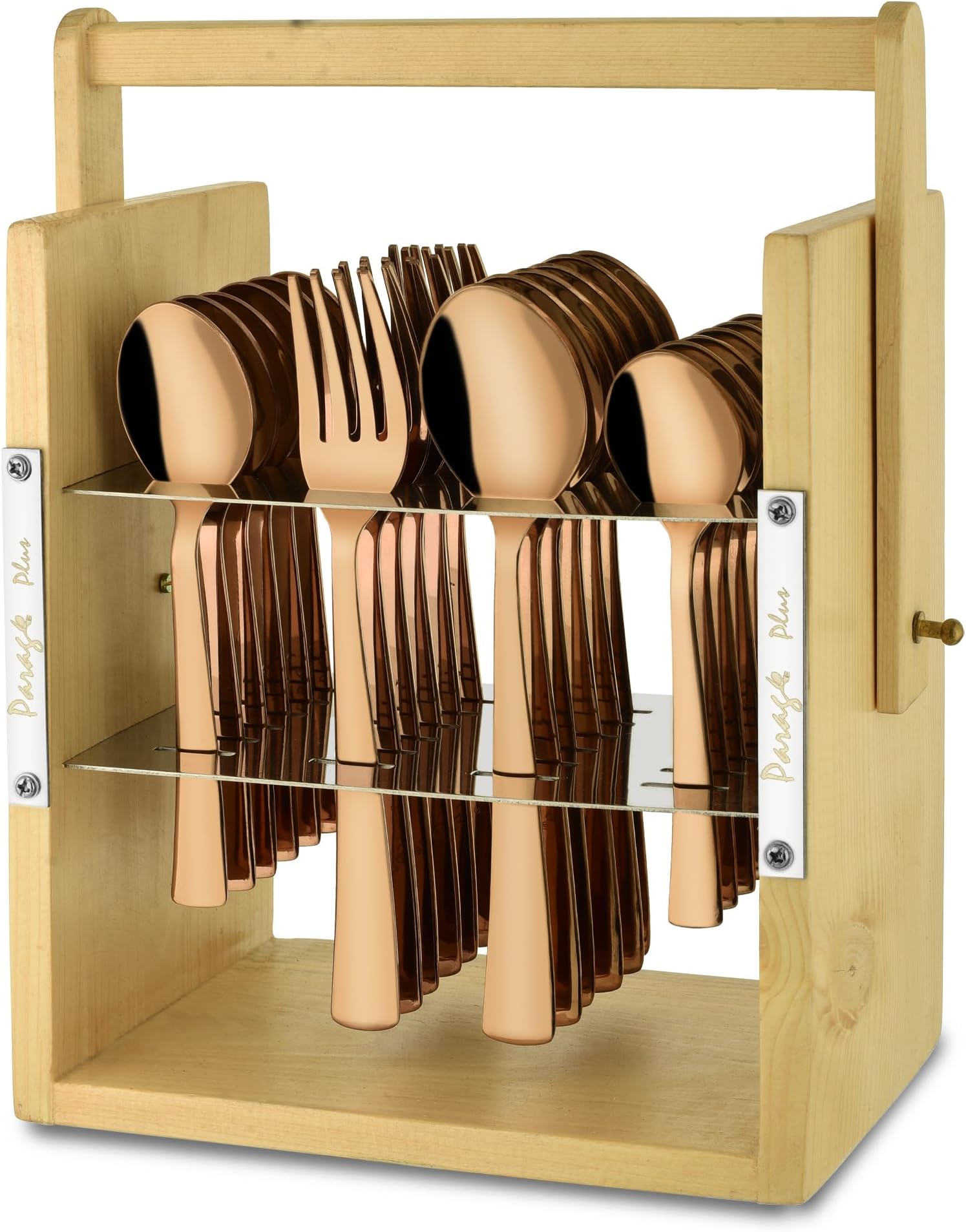 Parage 25 Pieces Stainless Steel Cutlery Set with Wooden Hanging Stand for Dining Table (Contains: 6 Tea Spoons, 6 Table Spoons, 6 Table Forks, 6 Dinner Spoon), Stylish Premium PVD Rose Gold Spoon Set