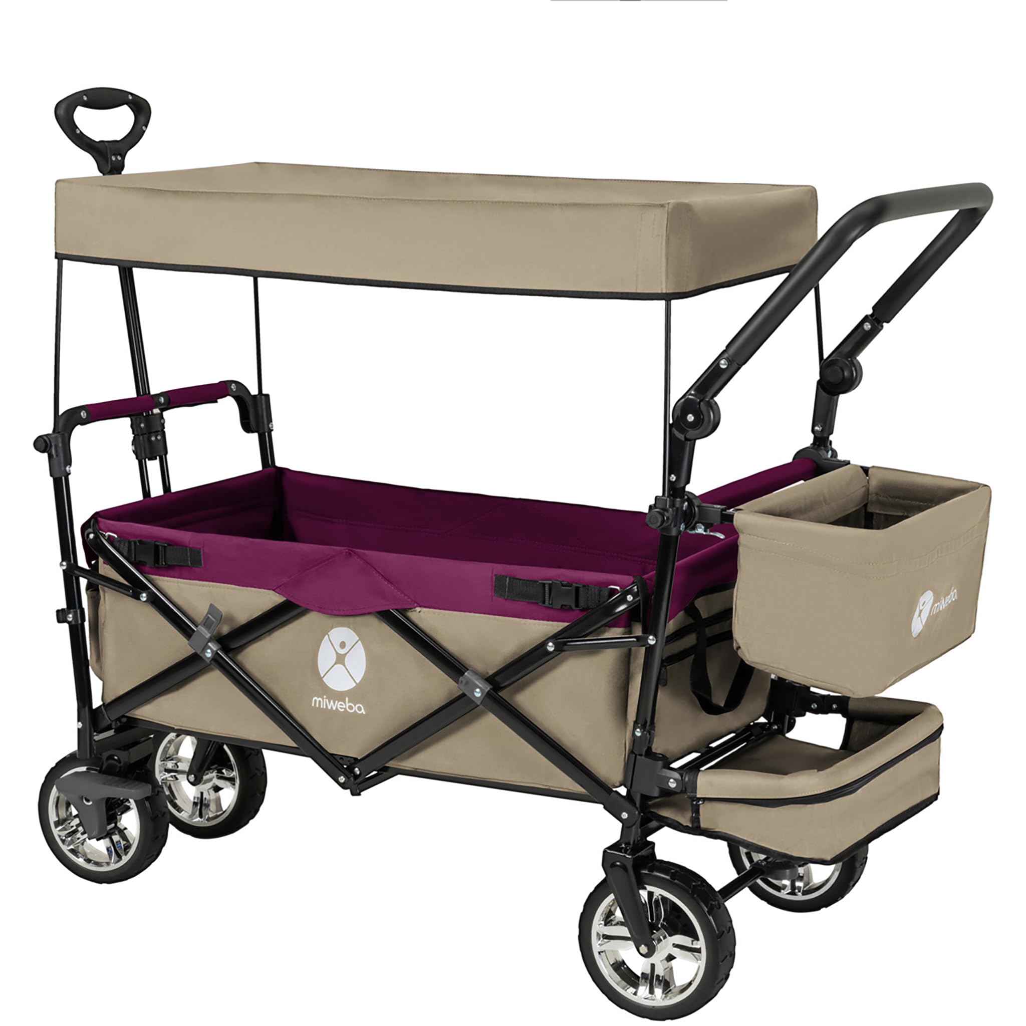 Miweba Faltbarer Bollerwagen MB-20 | Sonnendach UV-beständig - 2X Anschnallgurte - Transportwagen für Kinder - Traglast 100 Kg - Wagen - Feststellbremse - Hartgummireifen (Beige/Bordeaux rot)
