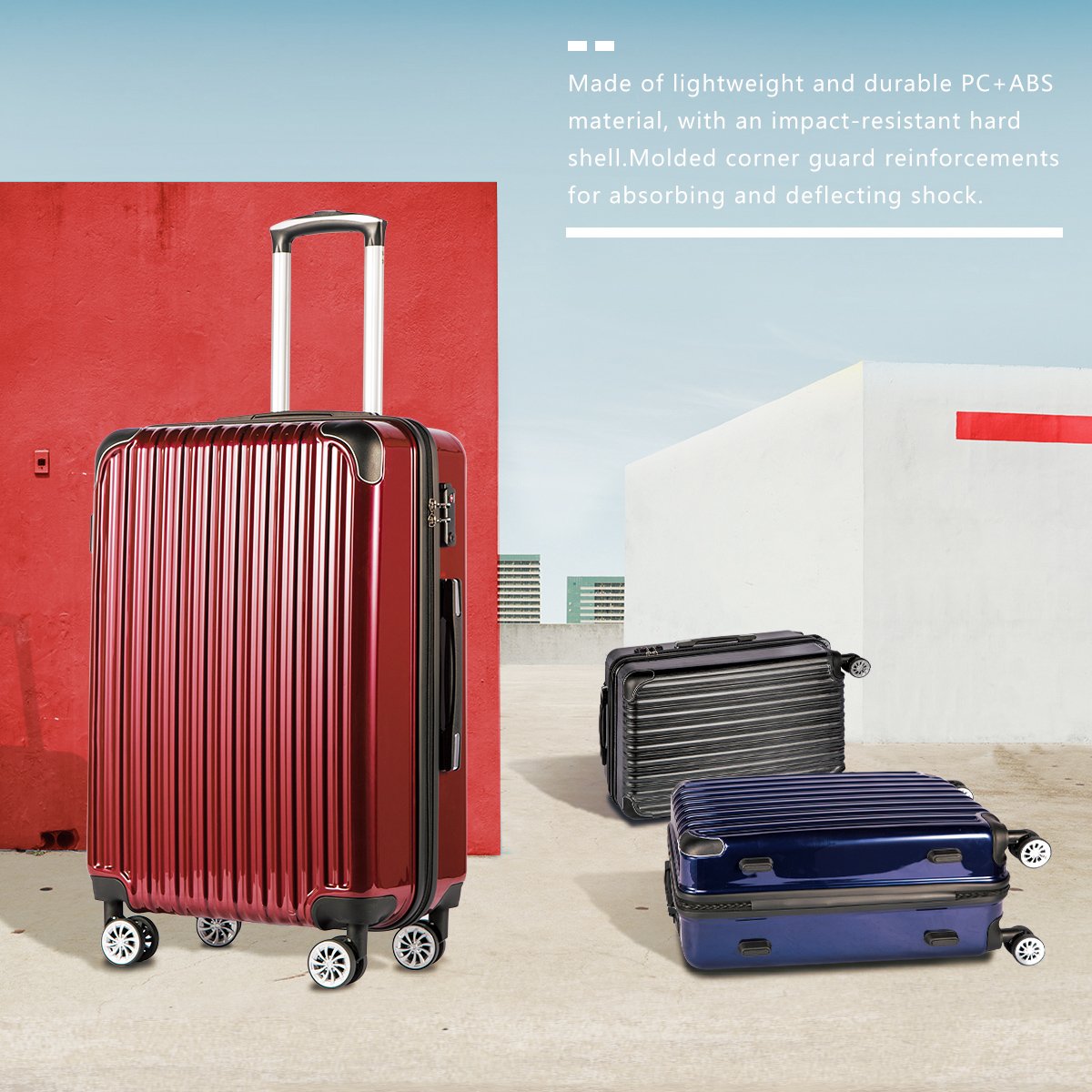 Coolife Luggage Expandable 3 Piece Sets PC+ABS Spinner Suitcase 20 inch 24 inch 28 inch (wine red)